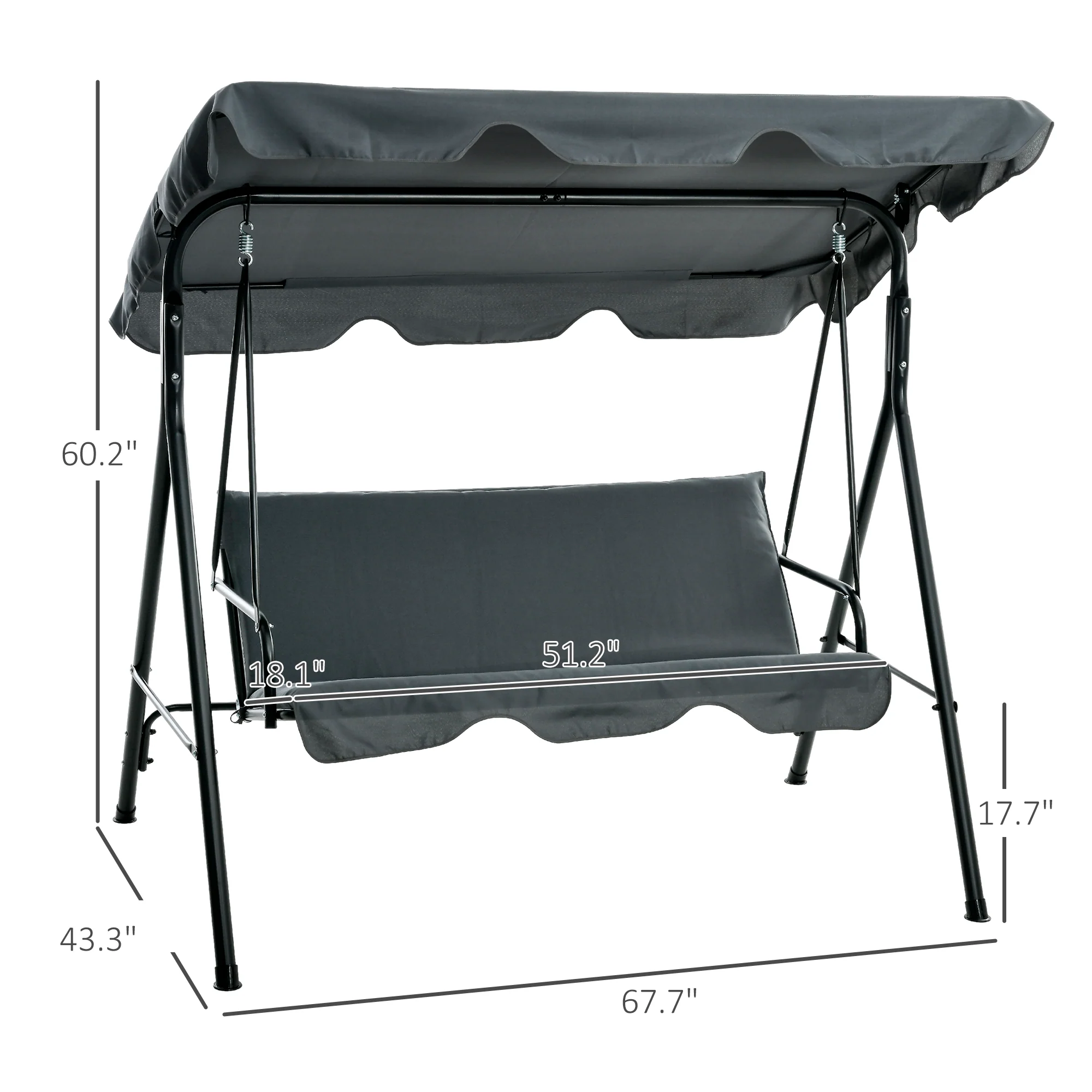 3-Seat Steel Frame Outdoor Swing Chair with Adjustable Canopy, Gray - Image 5