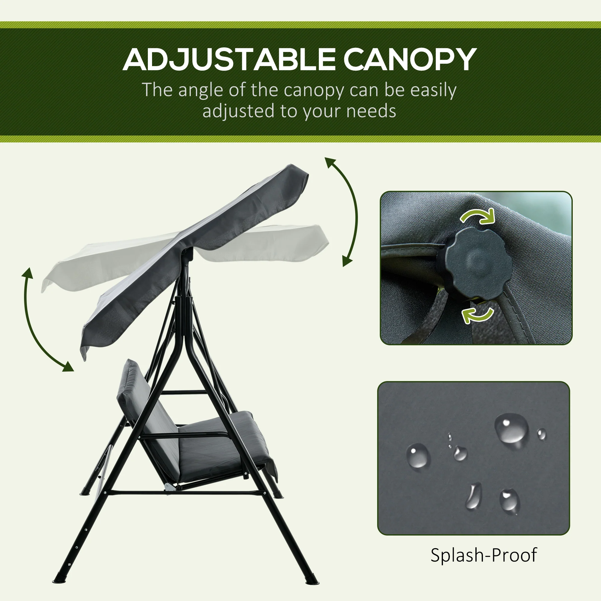 3-Seat Steel Frame Outdoor Swing Chair with Adjustable Canopy, Gray - Image 6