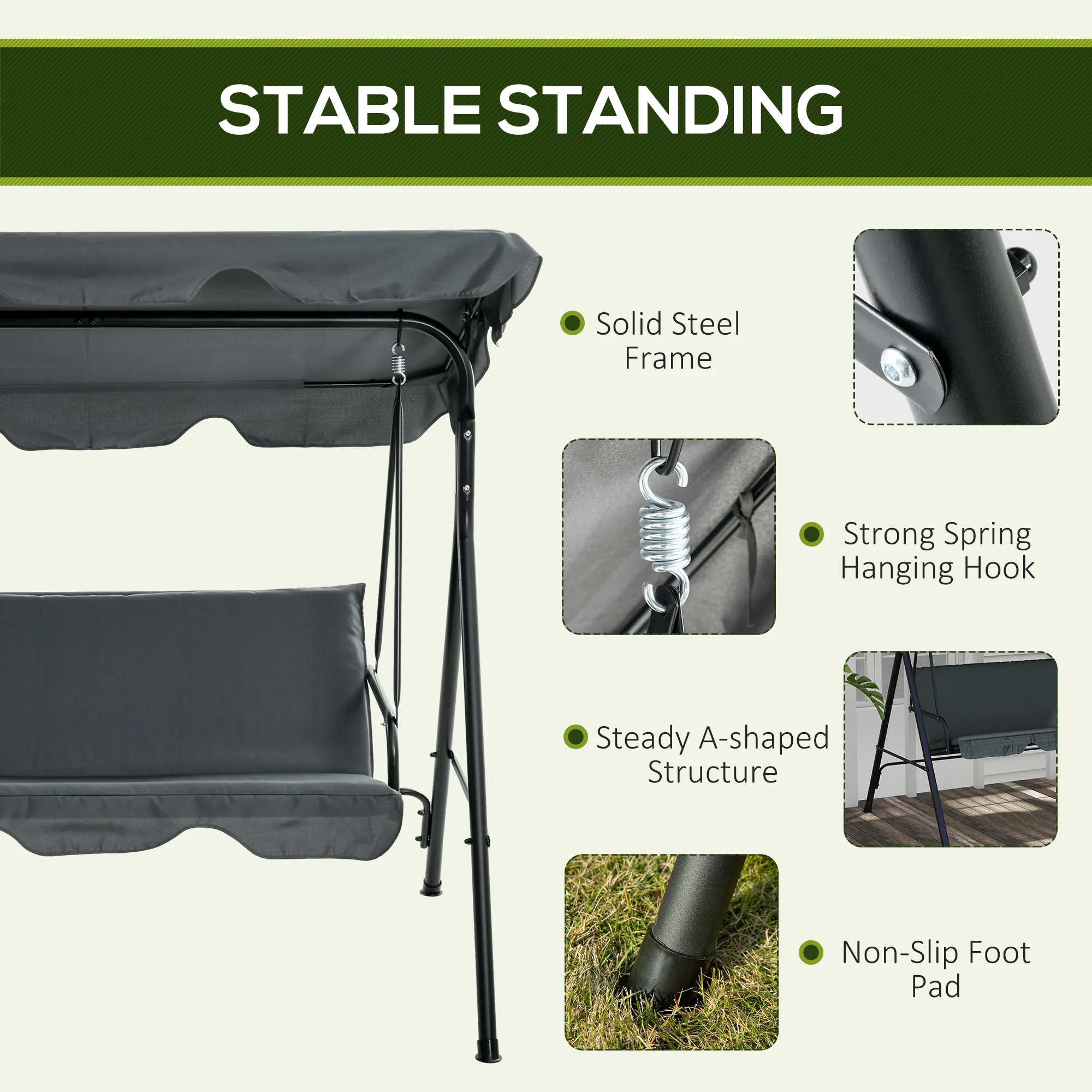 3-Seat Steel Frame Outdoor Swing Chair with Adjustable Canopy, Gray - Image 7