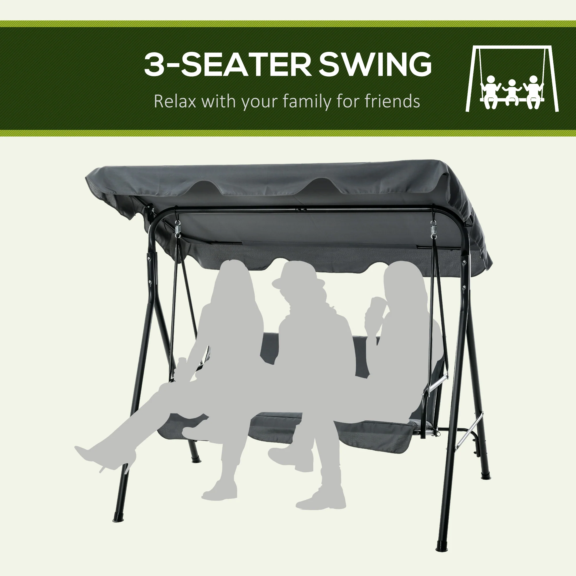 3-Seat Steel Frame Outdoor Swing Chair with Adjustable Canopy, Gray - Image 8