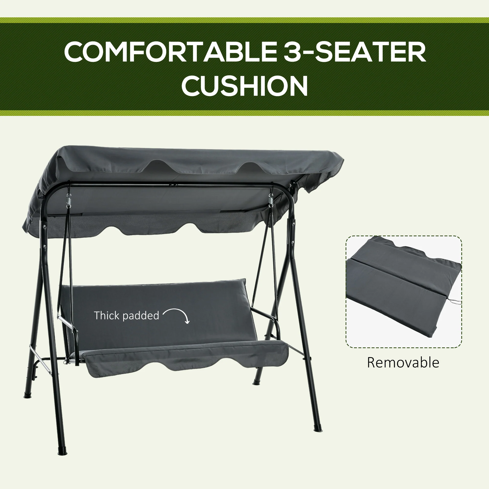3-Seat Steel Frame Outdoor Swing Chair with Adjustable Canopy, Gray - Image 9