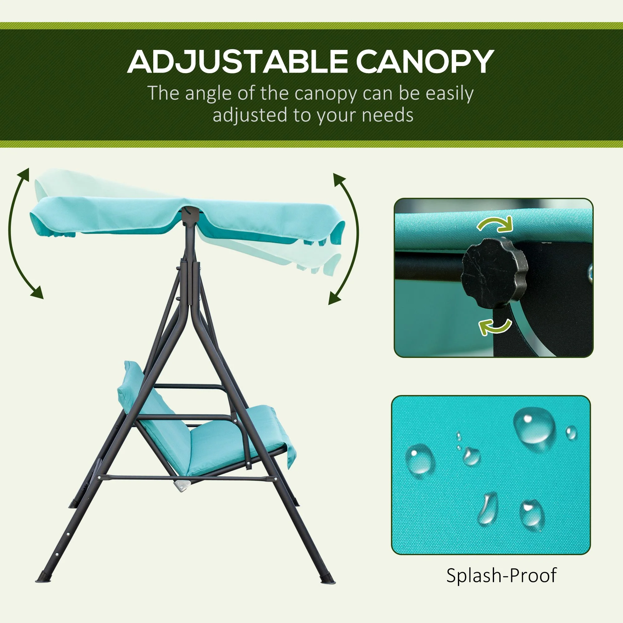 3-Seat Steel Frame Patio Swing Chair with Adjustable Tilt Canopy & Removable Cushion - Image 6
