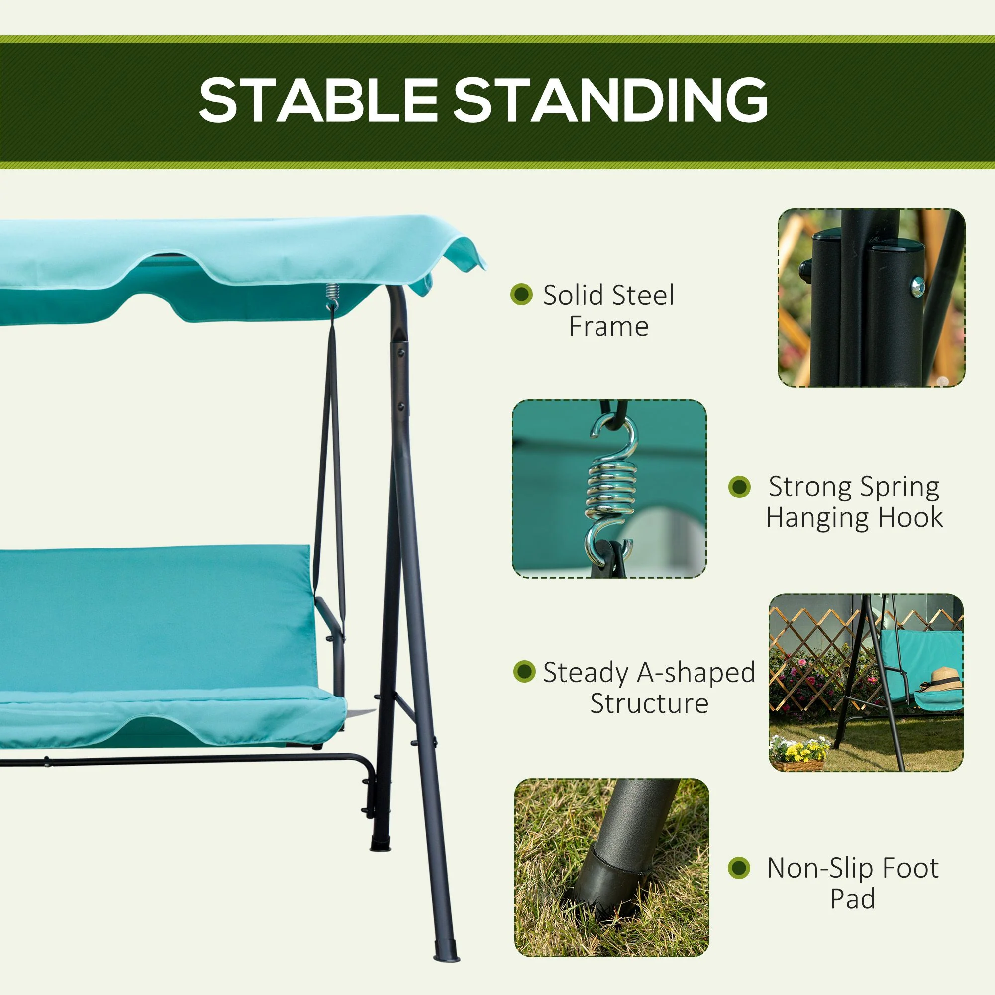 3-Seat Steel Frame Patio Swing Chair with Adjustable Tilt Canopy & Removable Cushion - Image 7