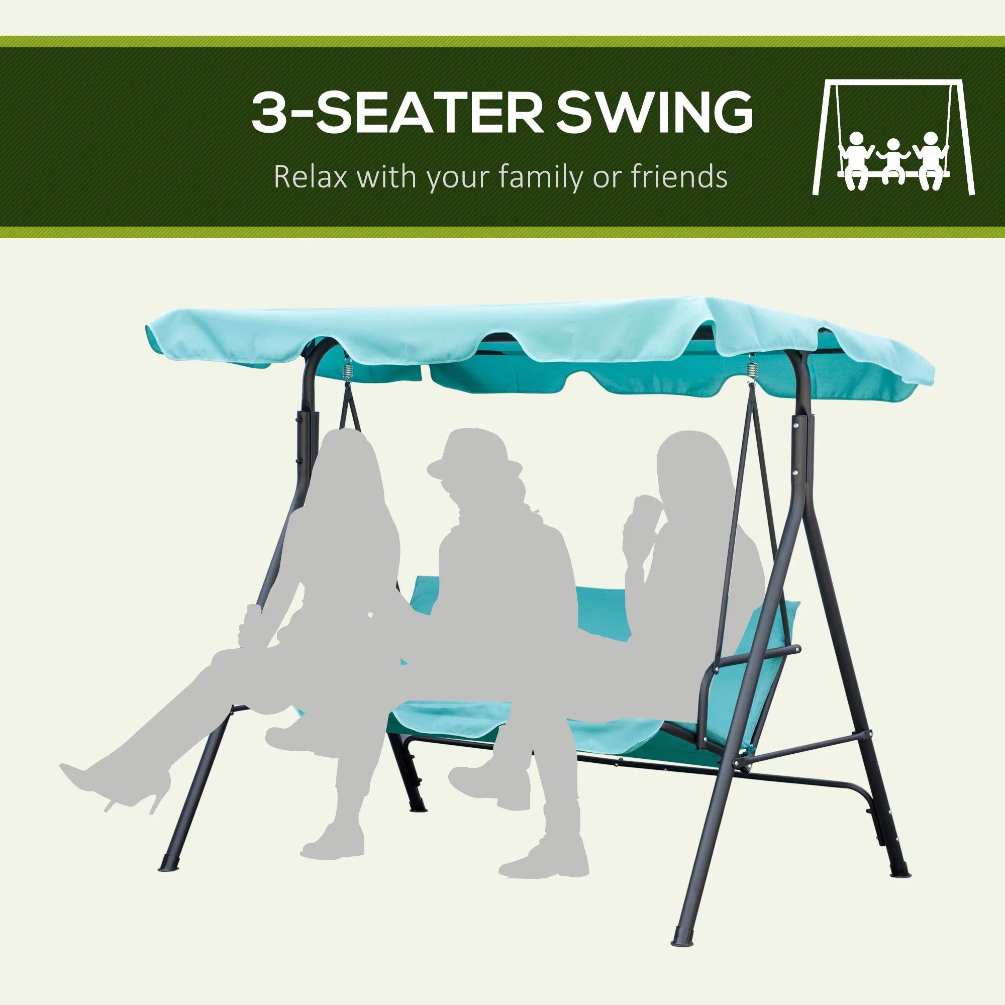 3-Seat Steel Frame Patio Swing Chair with Adjustable Tilt Canopy & Removable Cushion - Image 8