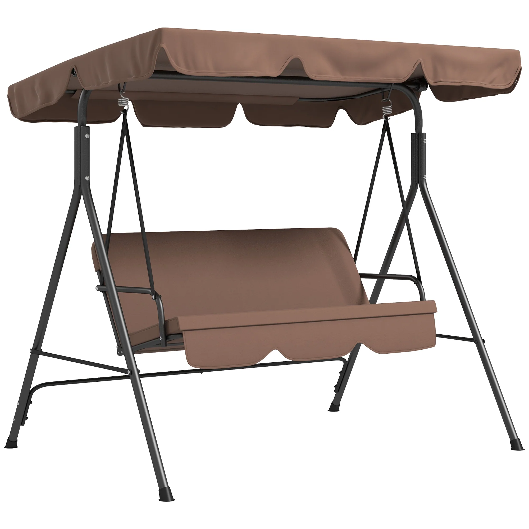 3-Seat Patio Swing Chair with Cushion, Steel Frame Stand & Adjustable Canopy, Brown