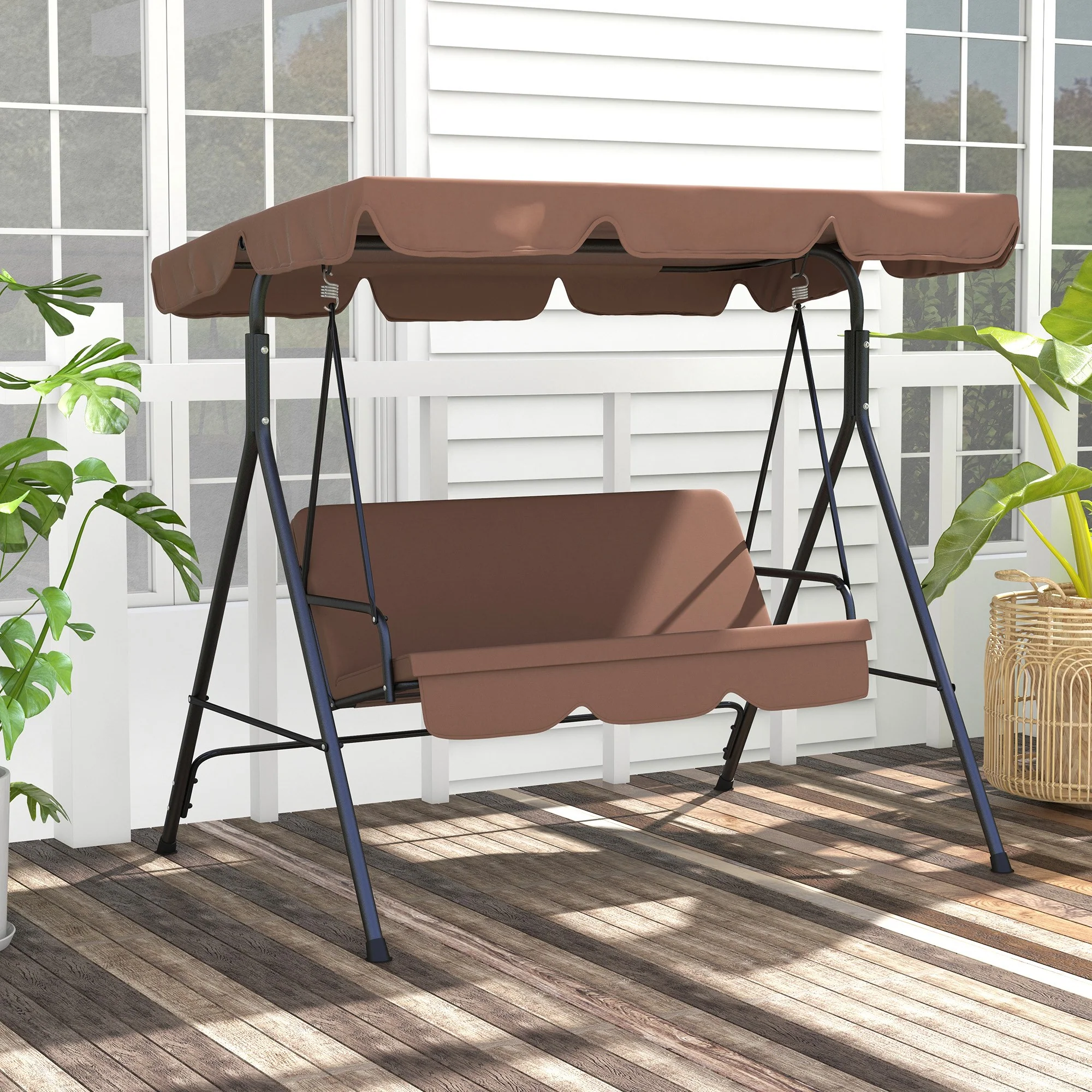 3-Seat Patio Swing Chair with Cushion, Steel Frame Stand & Adjustable Canopy, Brown - Image 4