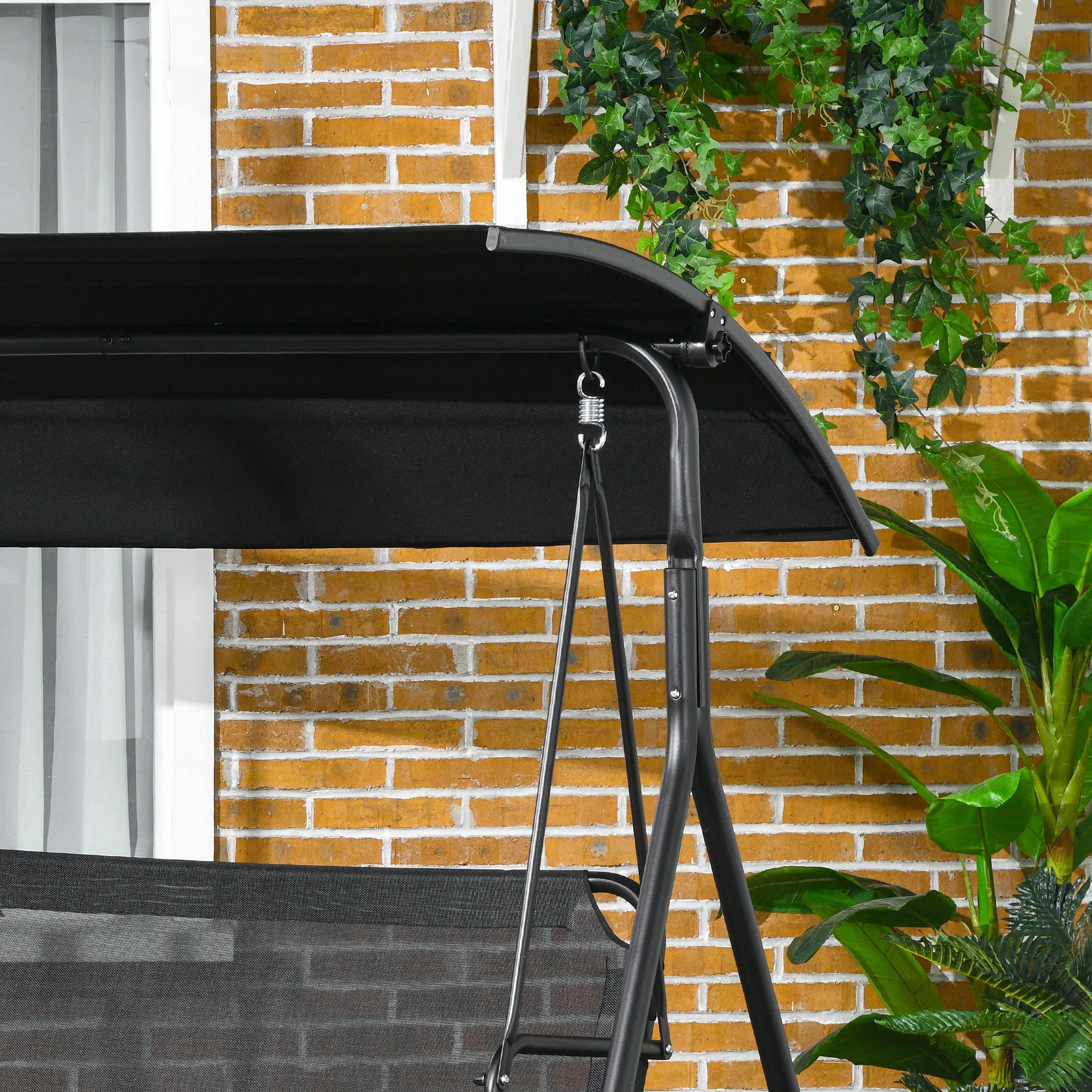 3-Seat Outdoor Swing Chair w/ Cushion, Adjustable Canopy & Steel Stand - Black - Image 10