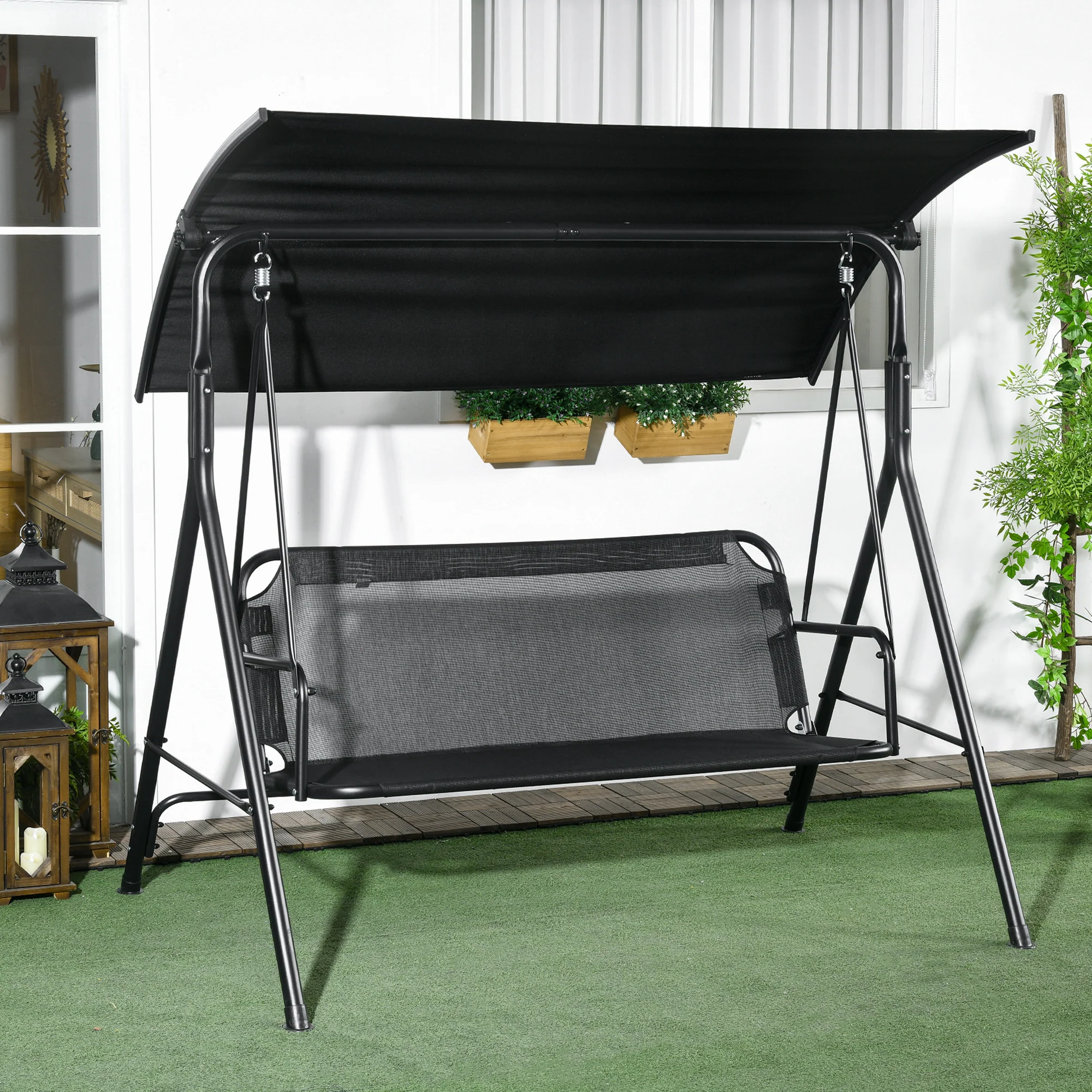 3-Seat Outdoor Swing Chair w/ Cushion, Adjustable Canopy & Steel Stand - Black - Image 3