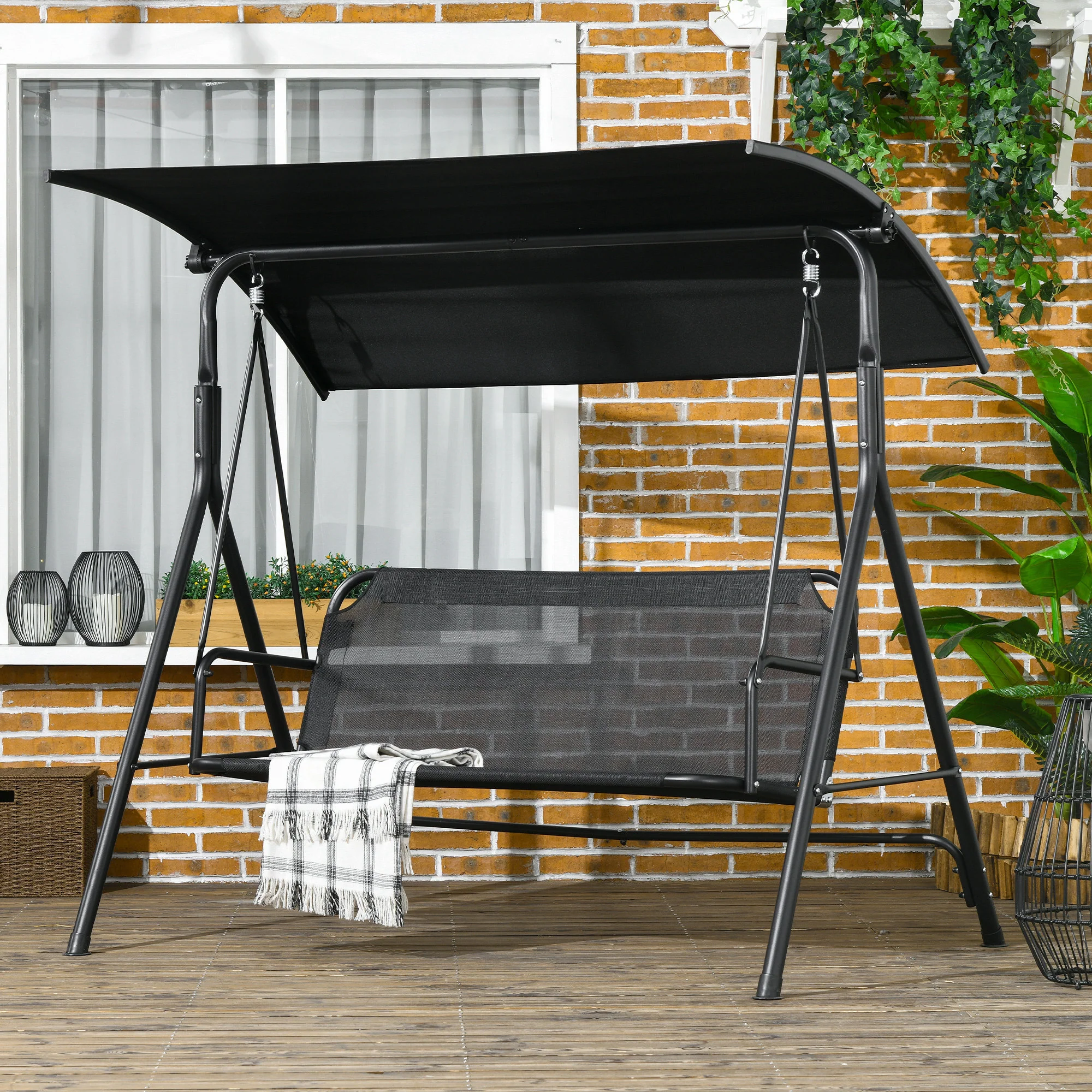 3-Seat Outdoor Swing Chair w/ Cushion, Adjustable Canopy & Steel Stand - Black - Image 4