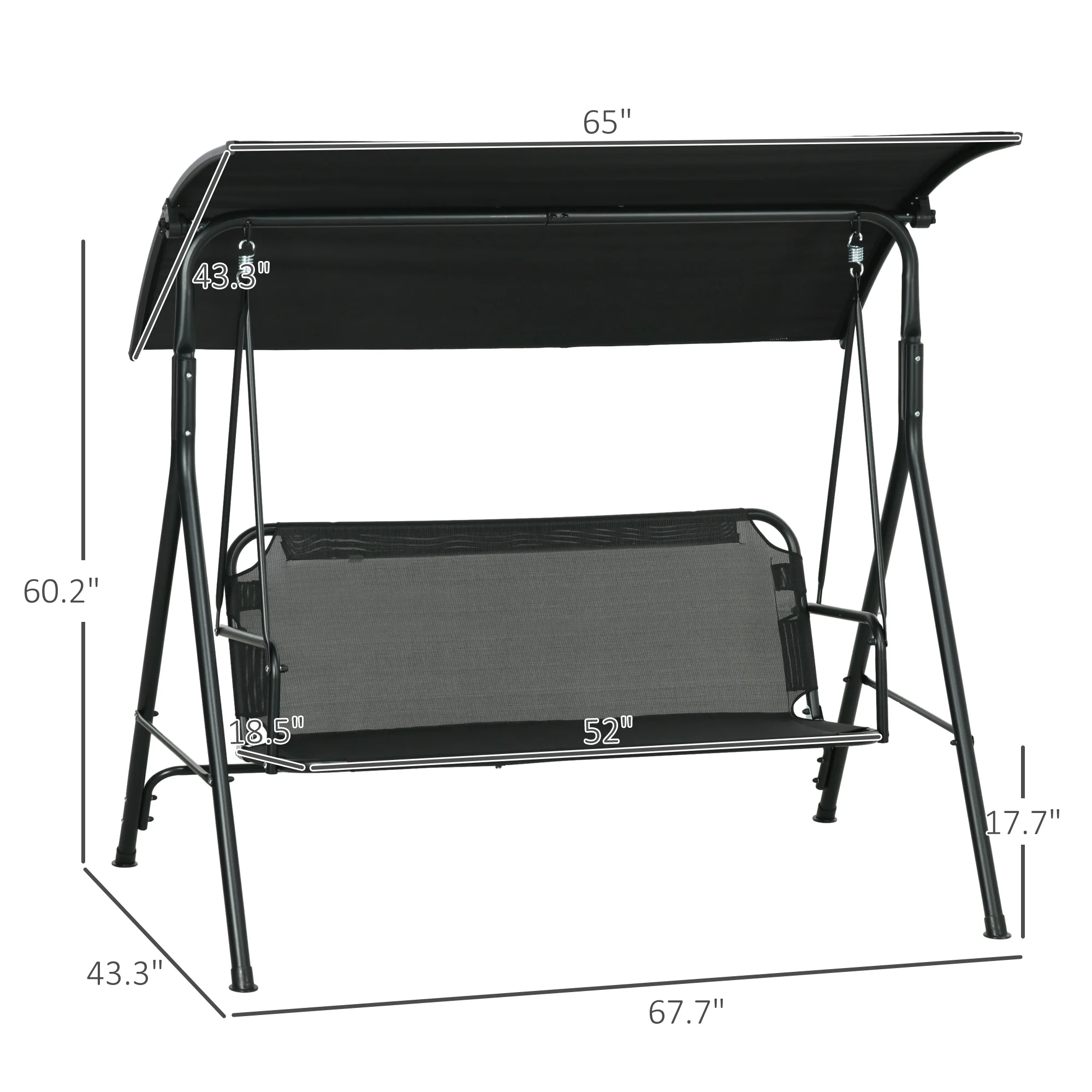 3-Seat Outdoor Swing Chair w/ Cushion, Adjustable Canopy & Steel Stand - Black - Image 5