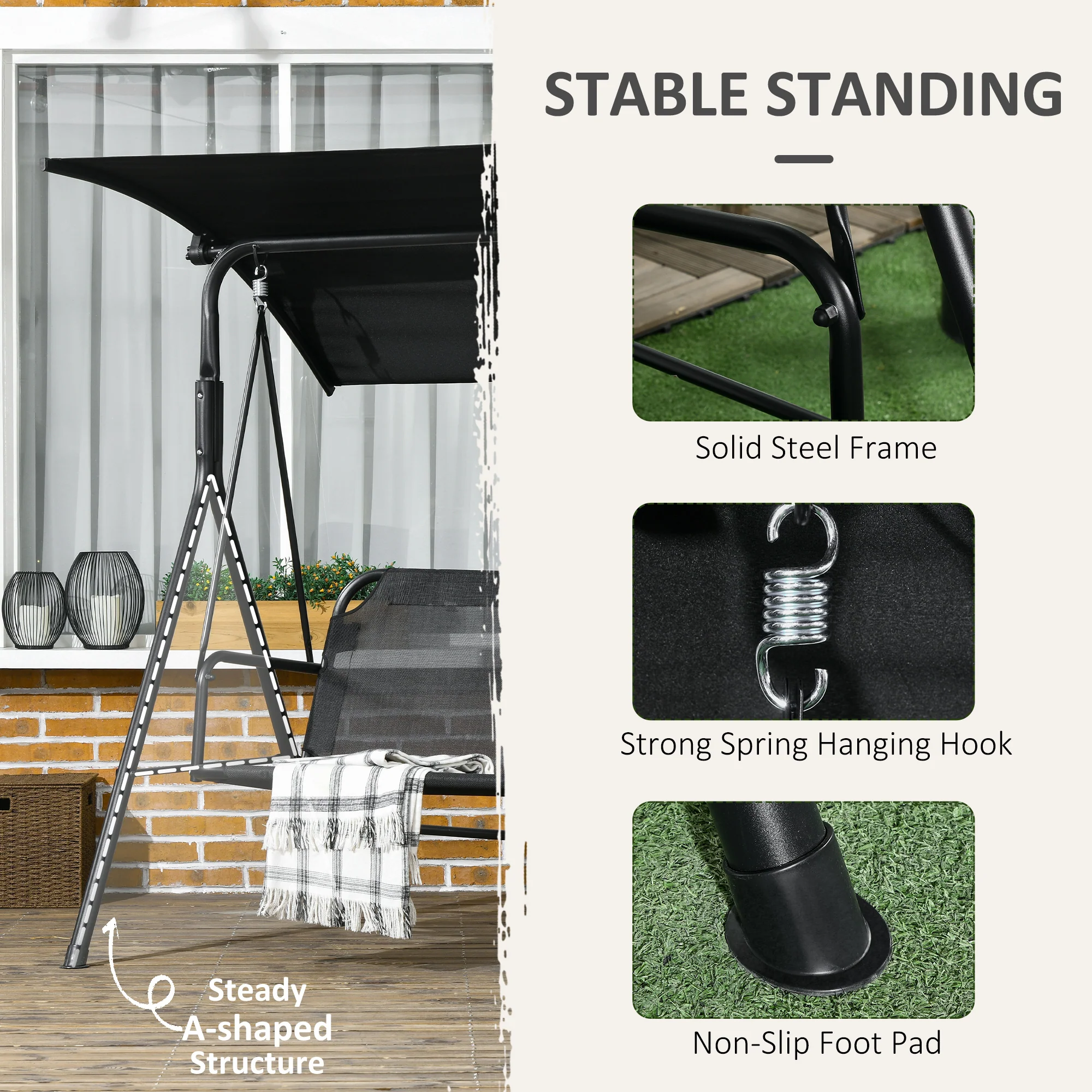 3-Seat Outdoor Swing Chair w/ Cushion, Adjustable Canopy & Steel Stand - Black - Image 7