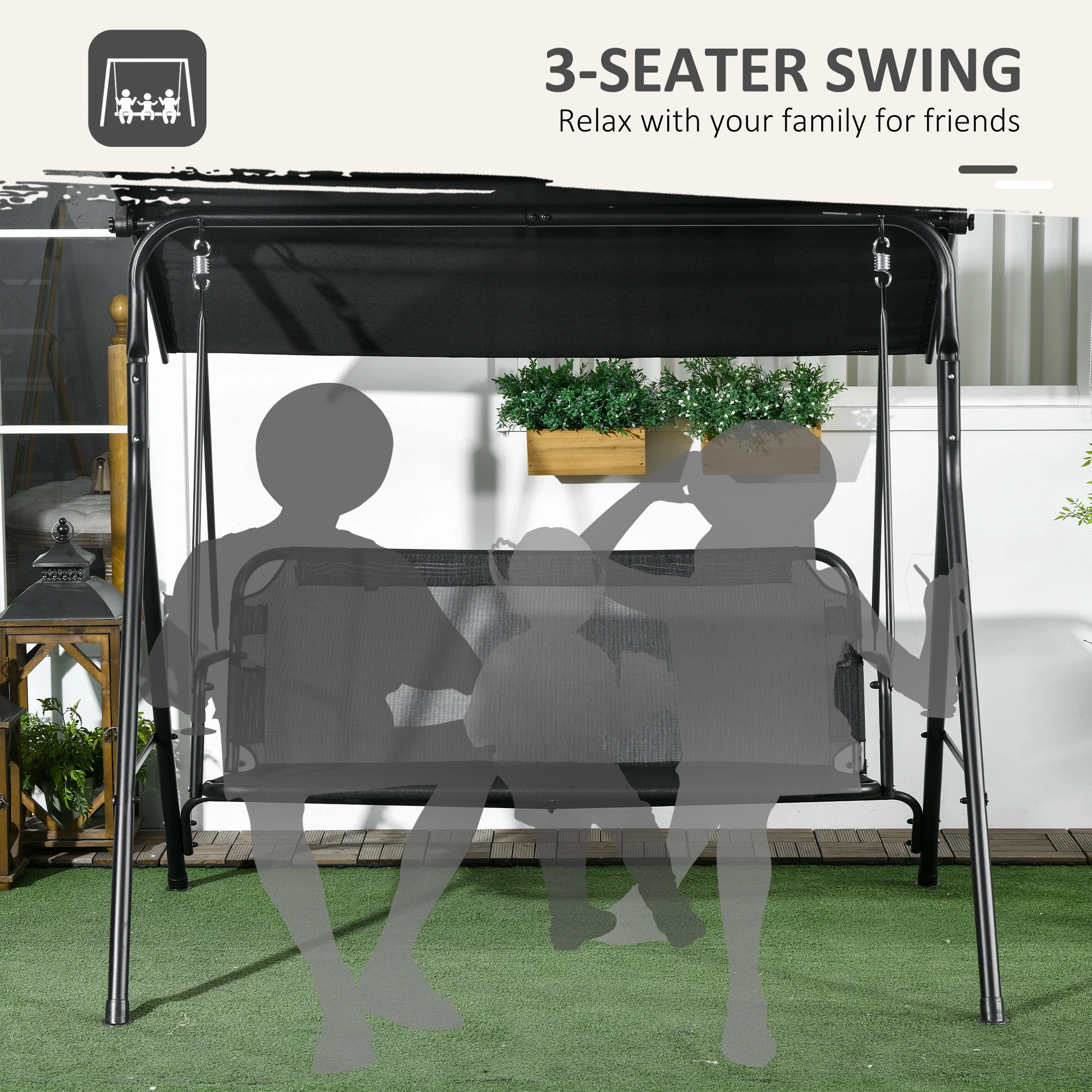 3-Seat Outdoor Swing Chair w/ Cushion, Adjustable Canopy & Steel Stand - Black - Image 8