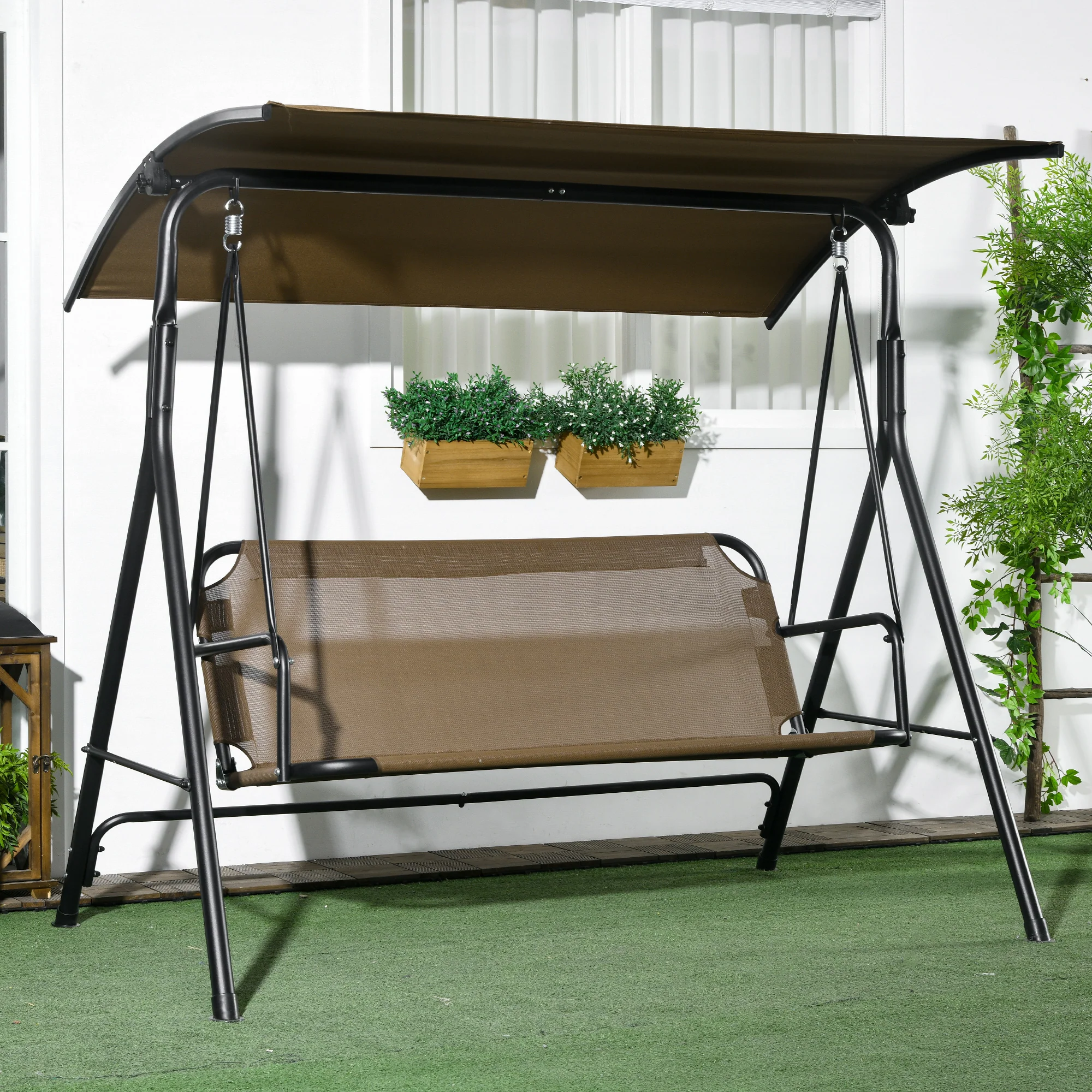3-Seat Outdoor Patio Swing Chair, Steel Frame, Adjustable Tilt Canopy, Brown - Image 3