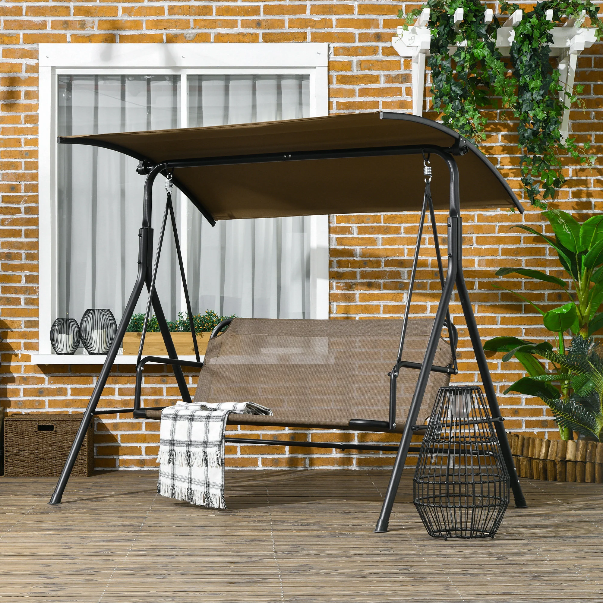 3-Seat Outdoor Patio Swing Chair, Steel Frame, Adjustable Tilt Canopy, Brown - Image 4