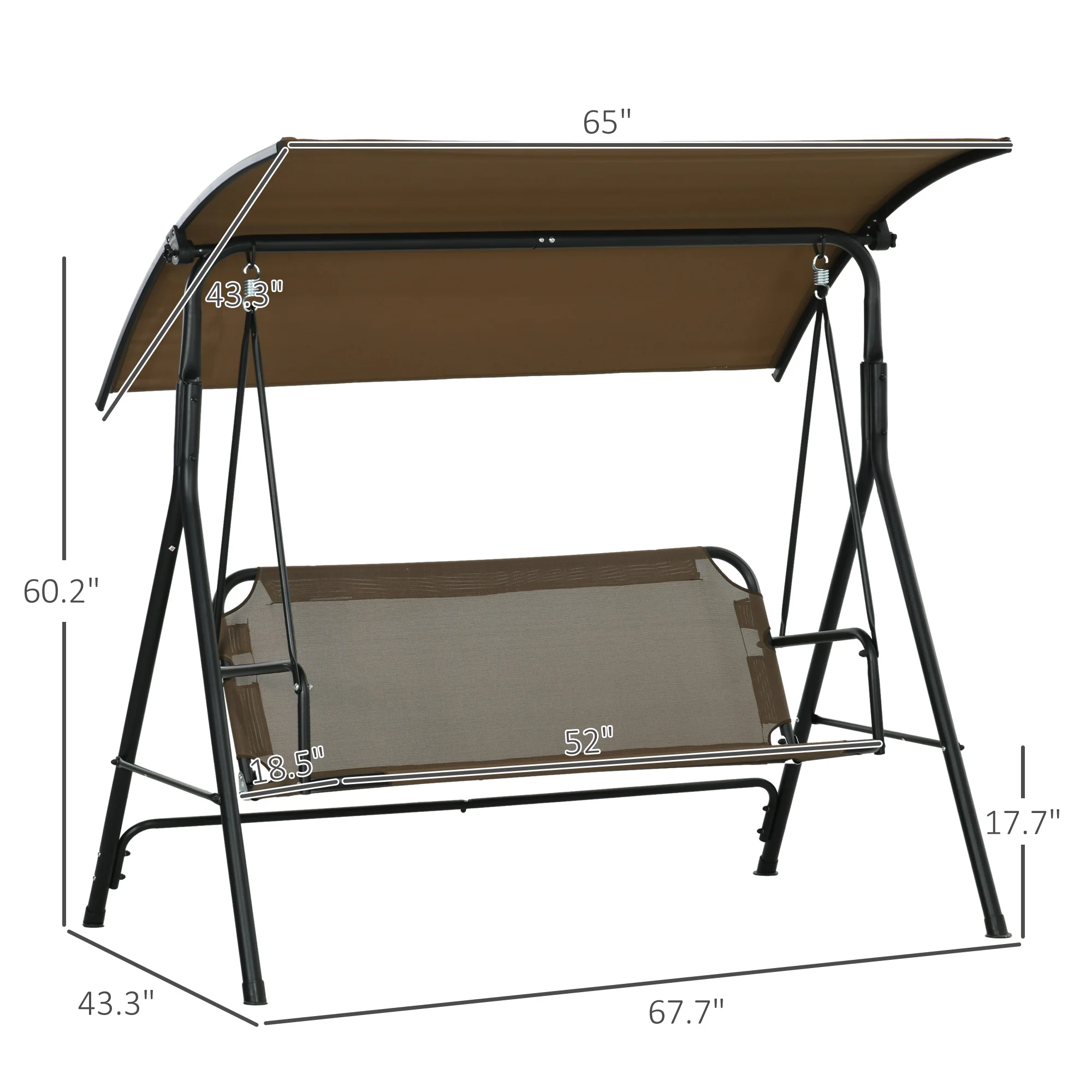 3-Seat Outdoor Patio Swing Chair, Steel Frame, Adjustable Tilt Canopy, Brown - Image 5