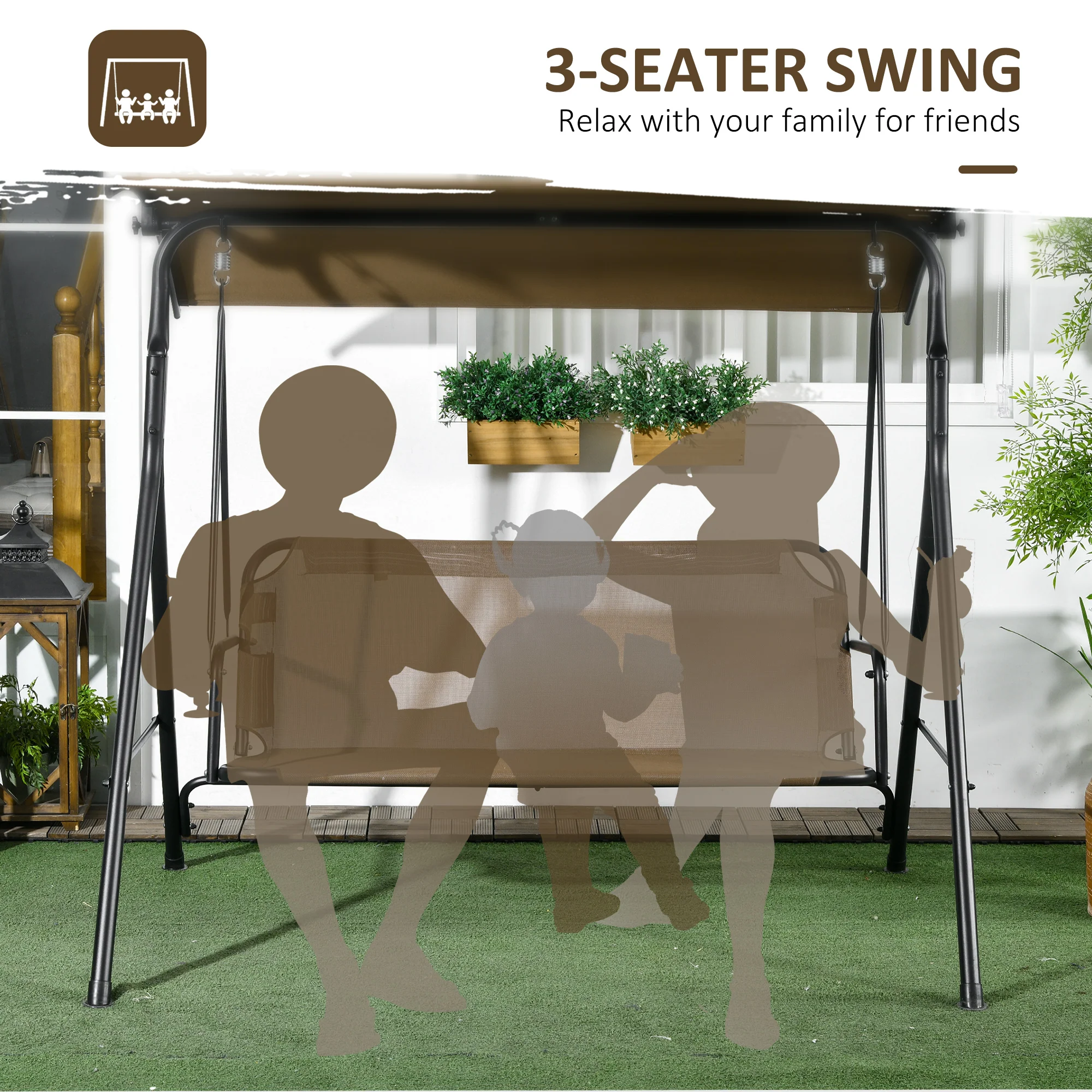 3-Seat Outdoor Patio Swing Chair, Steel Frame, Adjustable Tilt Canopy, Brown - Image 8