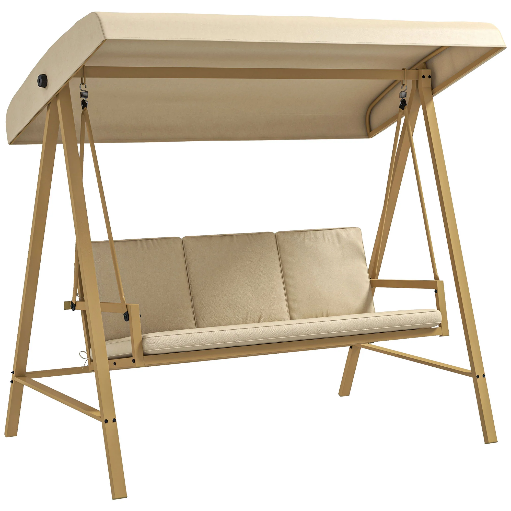 3-Person Patio Swing Chair, Outdoor Porch Swing, Adjustable Canopy, Removable Cushions, Beige