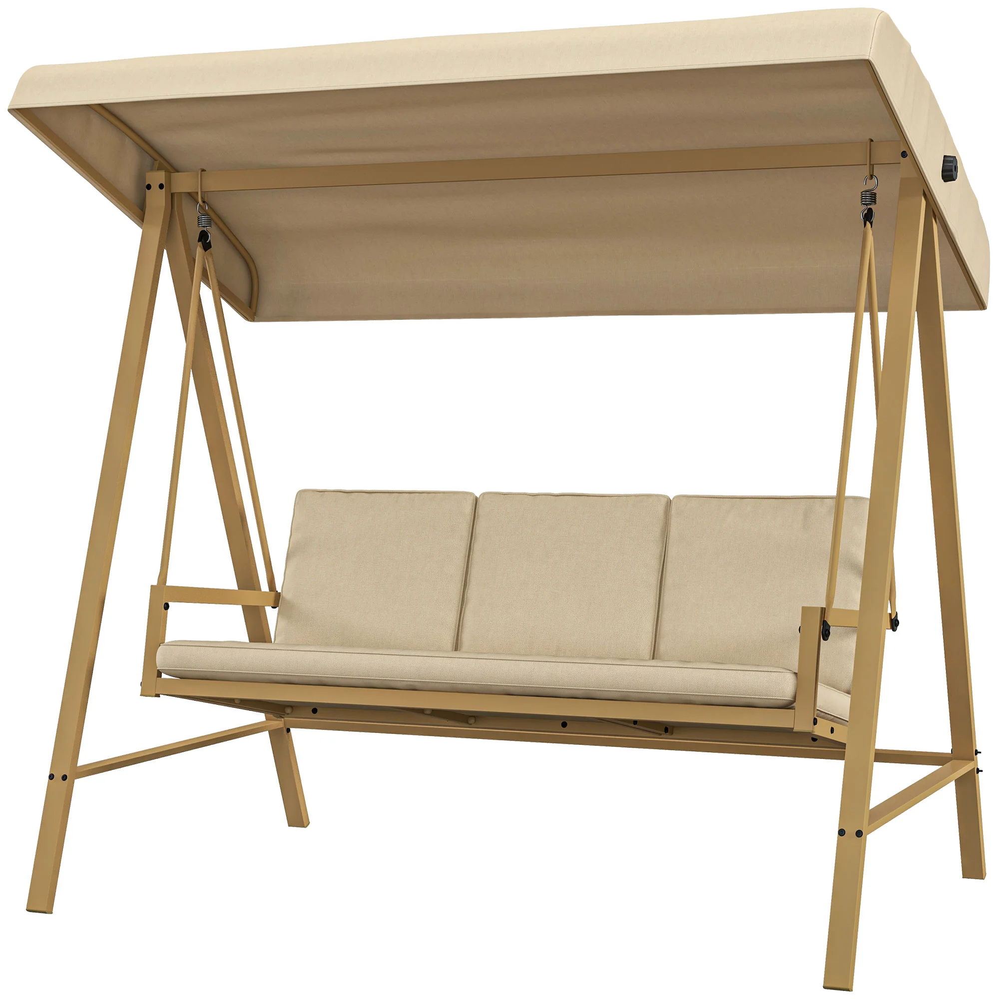 3-Person Patio Swing Chair, Outdoor Porch Swing, Adjustable Canopy, Removable Cushions, Beige - Image 2