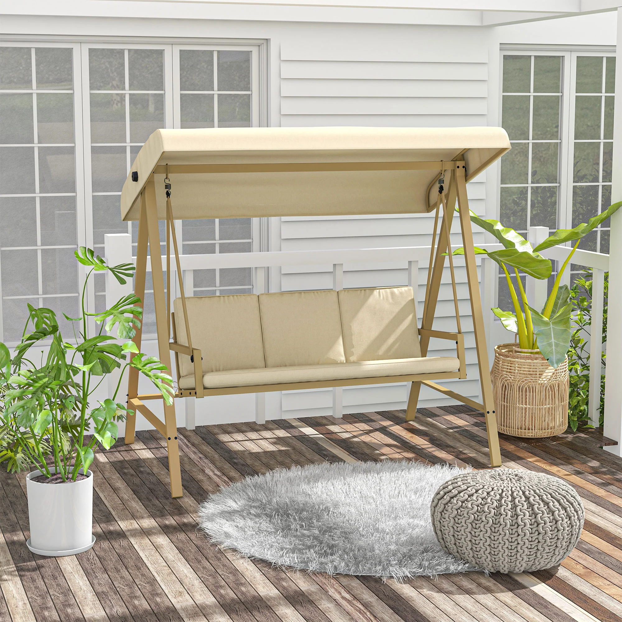 3-Person Patio Swing Chair, Outdoor Porch Swing, Adjustable Canopy, Removable Cushions, Beige - Image 3