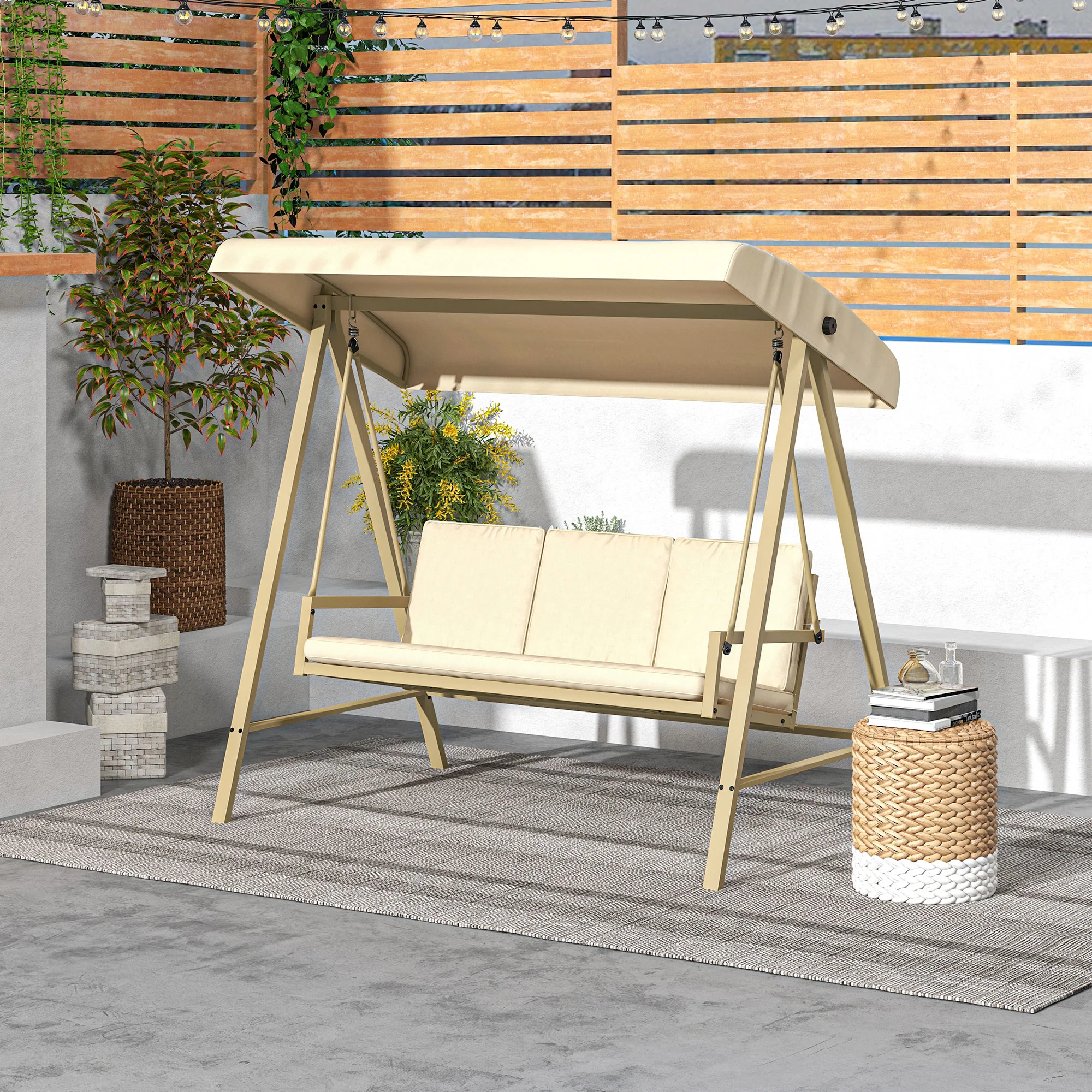 3-Person Patio Swing Chair, Outdoor Porch Swing, Adjustable Canopy, Removable Cushions, Beige - Image 4