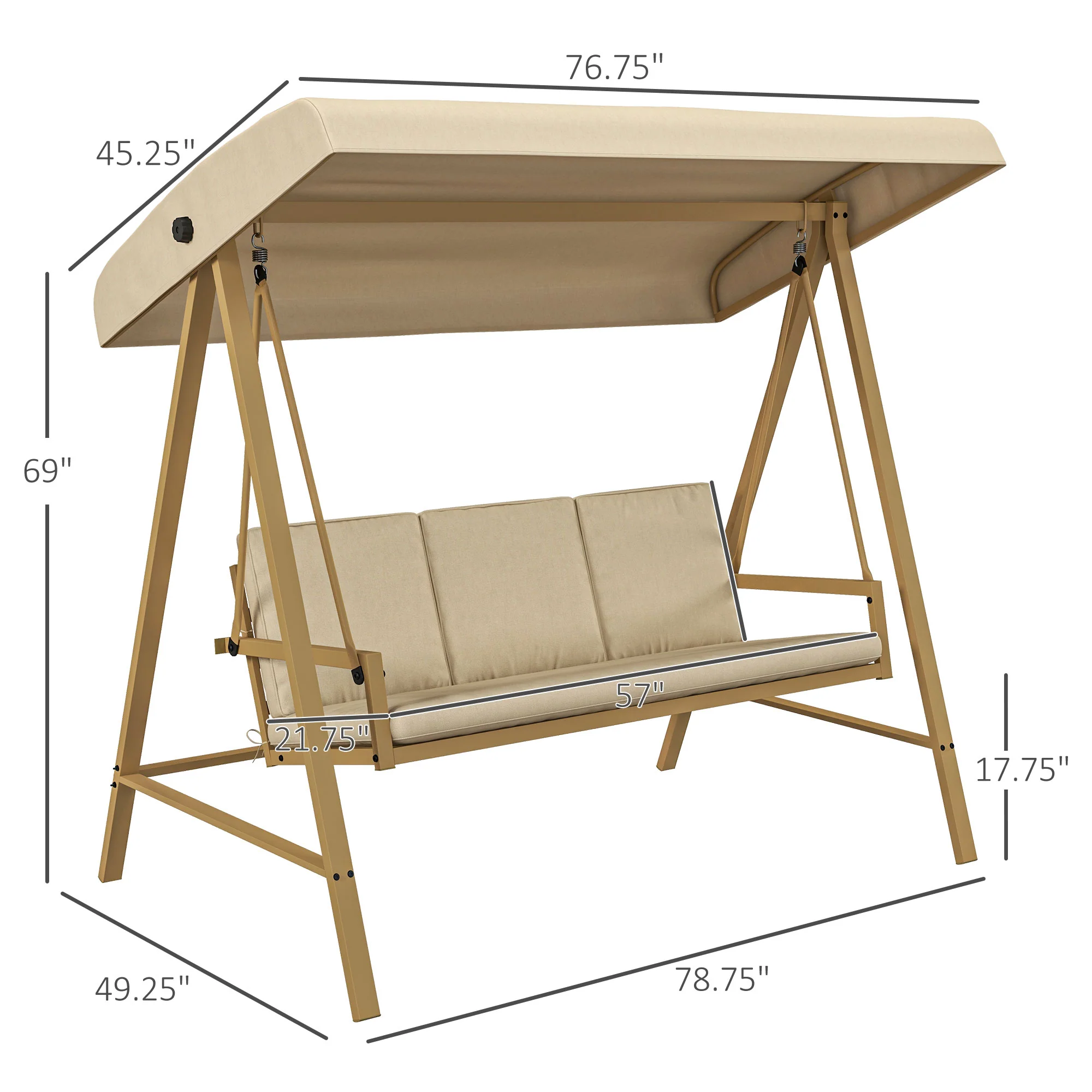 3-Person Patio Swing Chair, Outdoor Porch Swing, Adjustable Canopy, Removable Cushions, Beige - Image 5