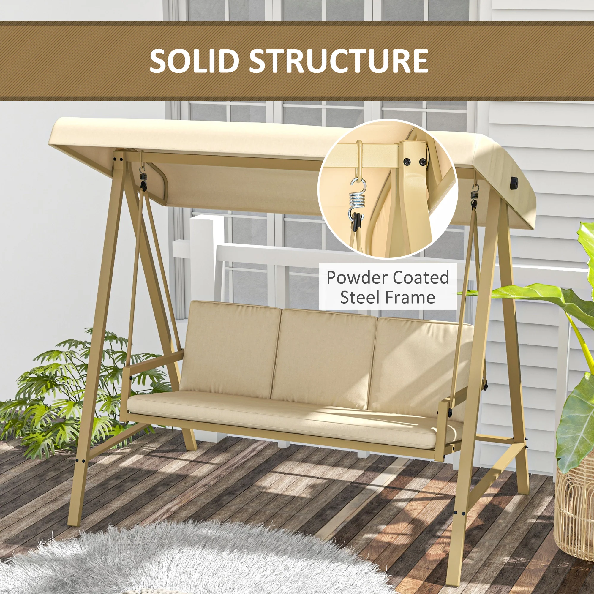 3-Person Patio Swing Chair, Outdoor Porch Swing, Adjustable Canopy, Removable Cushions, Beige - Image 6