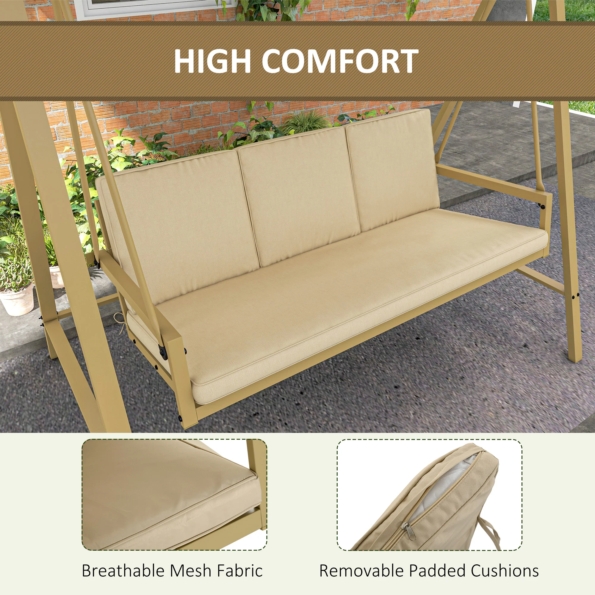 3-Person Patio Swing Chair, Outdoor Porch Swing, Adjustable Canopy, Removable Cushions, Beige - Image 7