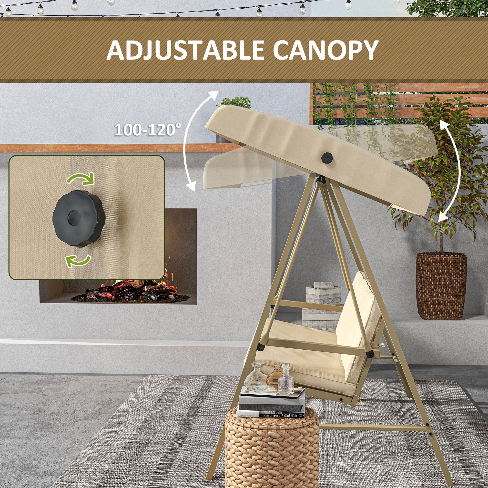 3-Person Patio Swing Chair, Outdoor Porch Swing, Adjustable Canopy, Removable Cushions, Beige - Image 8