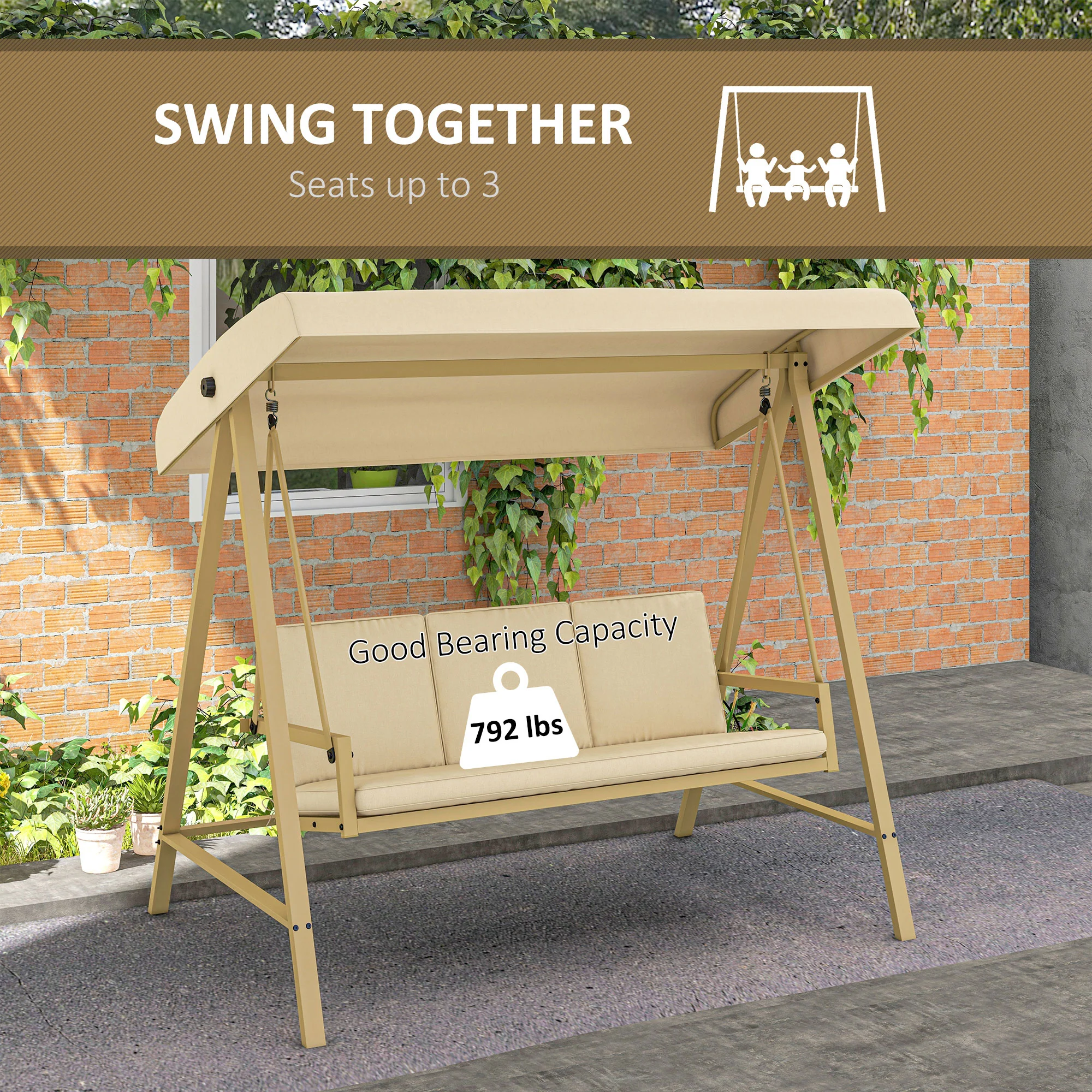 3-Person Patio Swing Chair, Outdoor Porch Swing, Adjustable Canopy, Removable Cushions, Beige - Image 9