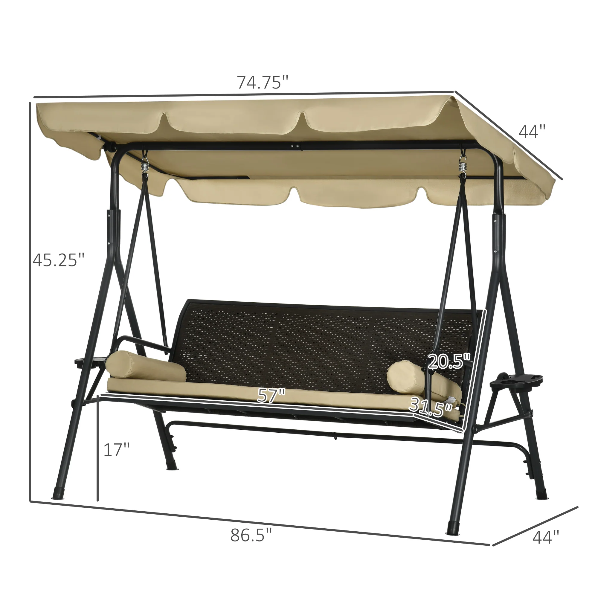 3-Seat Outdoor Swing Chair with Removable Cushion, Pillows, Adjustable Canopy & Rattan Seat - Image 5