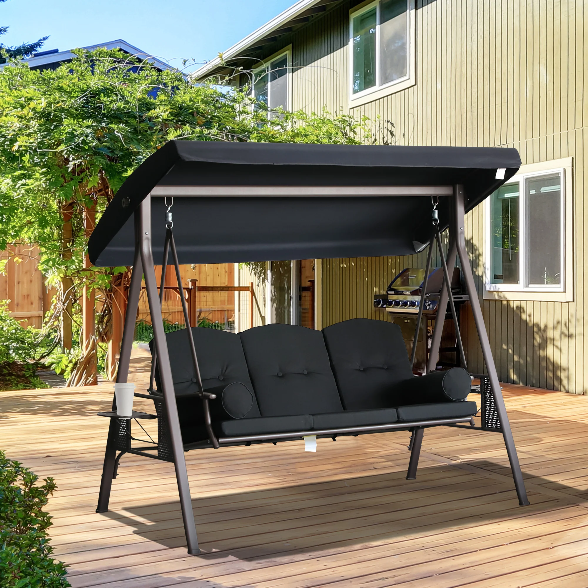 3-Seat Patio Swing Chair with Adjustable Canopy, Removable Cushion, Pillows & Trays, Black - Image 3