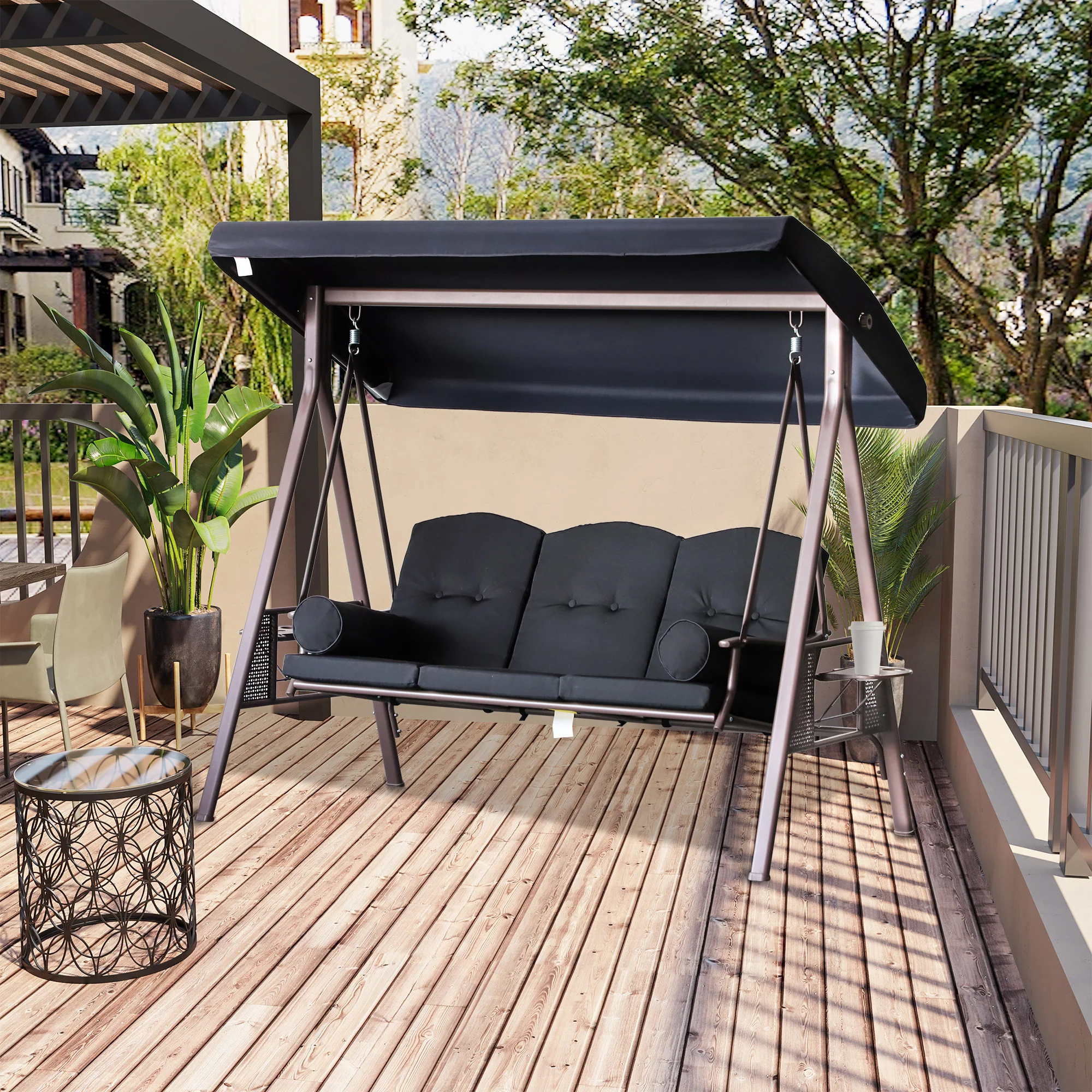 3-Seat Patio Swing Chair with Adjustable Canopy, Removable Cushion, Pillows & Trays, Black - Image 4