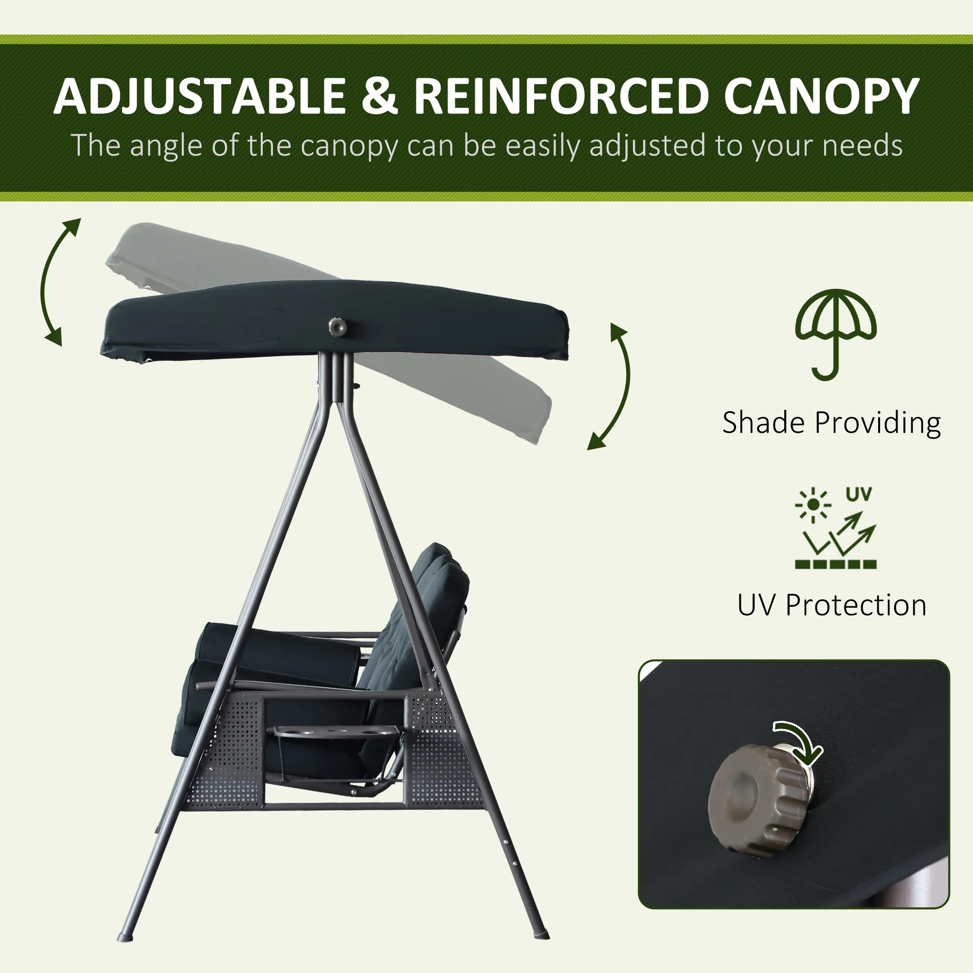 3-Seat Patio Swing Chair with Adjustable Canopy, Removable Cushion, Pillows & Trays, Black - Image 6