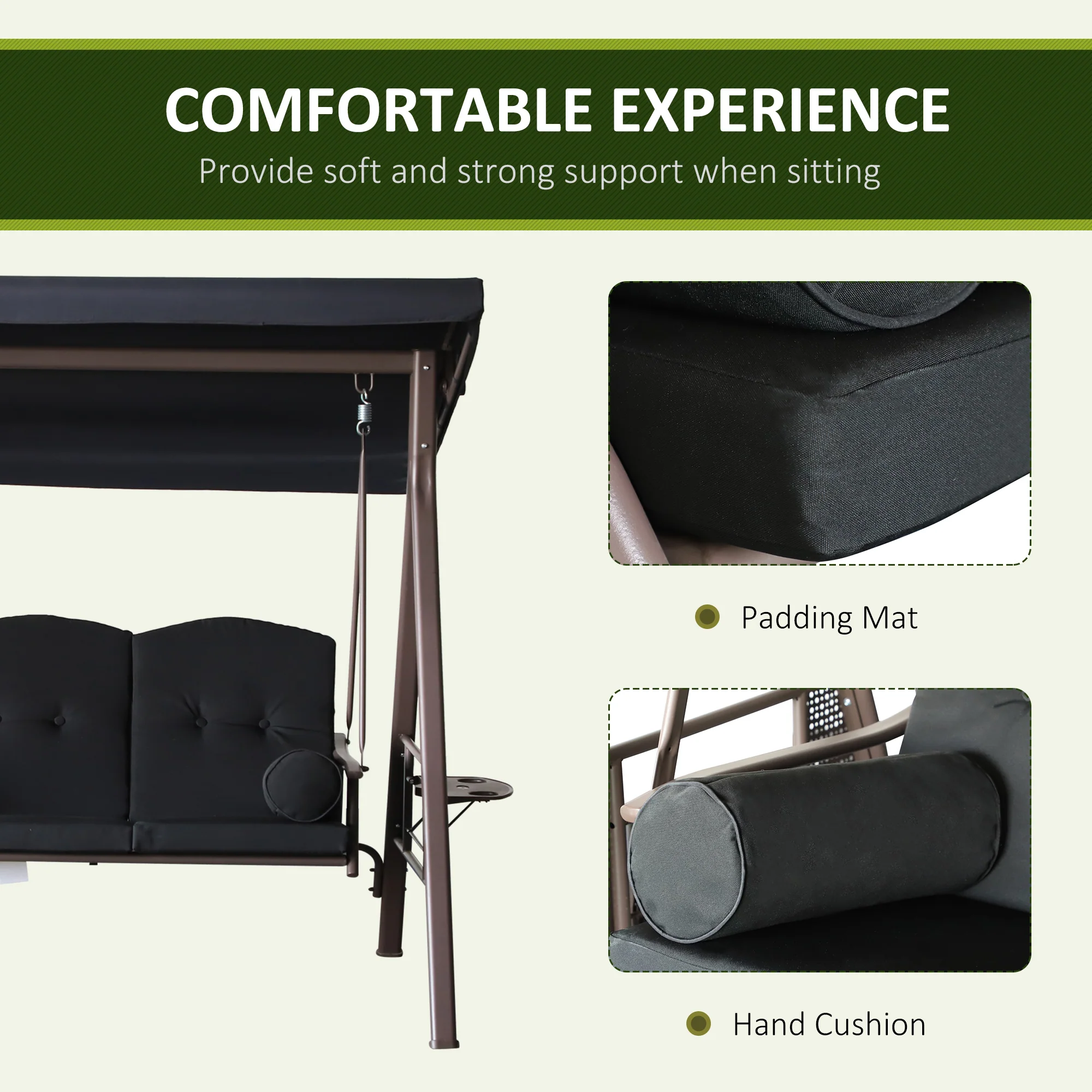 3-Seat Patio Swing Chair with Adjustable Canopy, Removable Cushion, Pillows & Trays, Black - Image 8