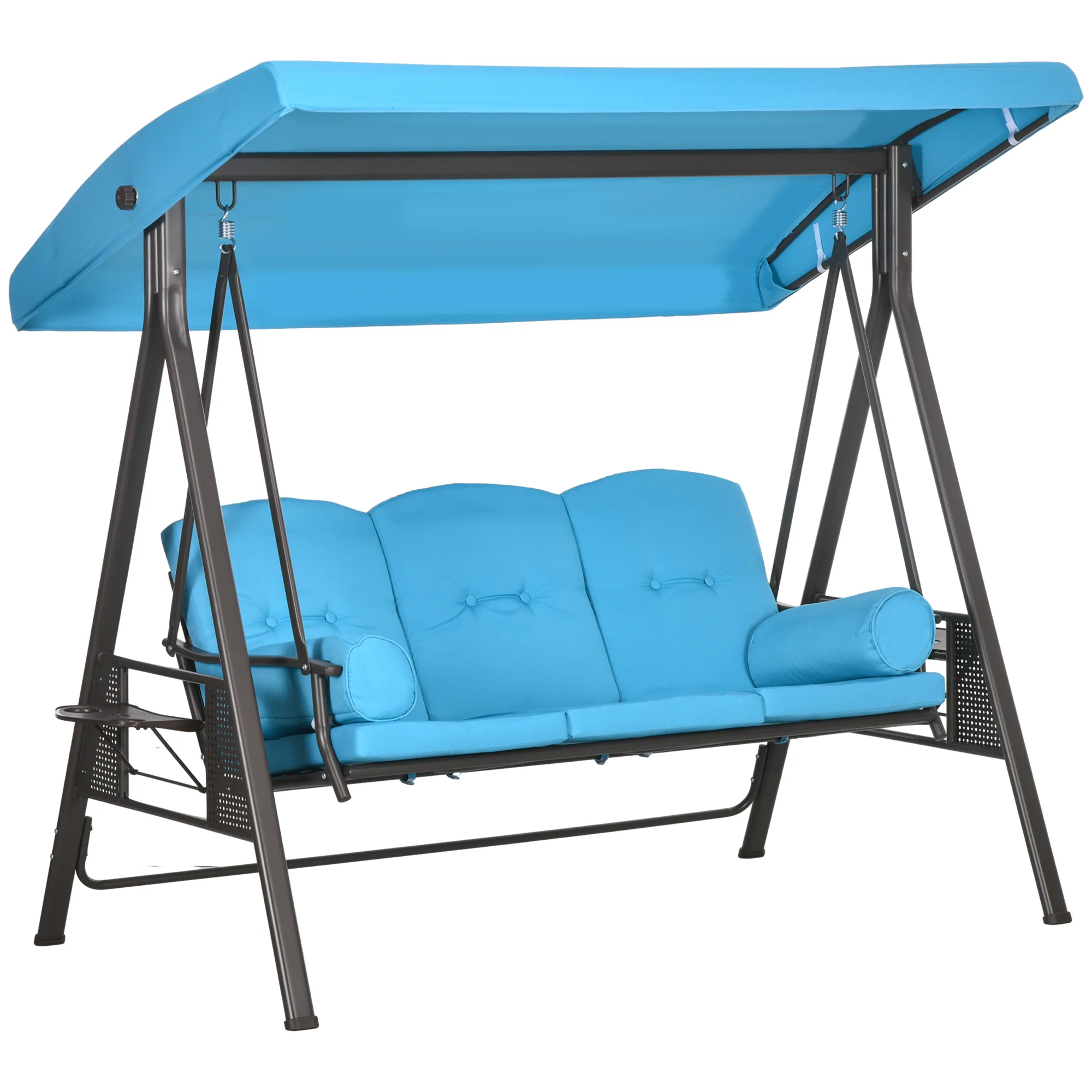 3-Seat Outdoor Porch Swing Chair with Adjustable Canopy, Cushion & Pillows, Blue - Image 12