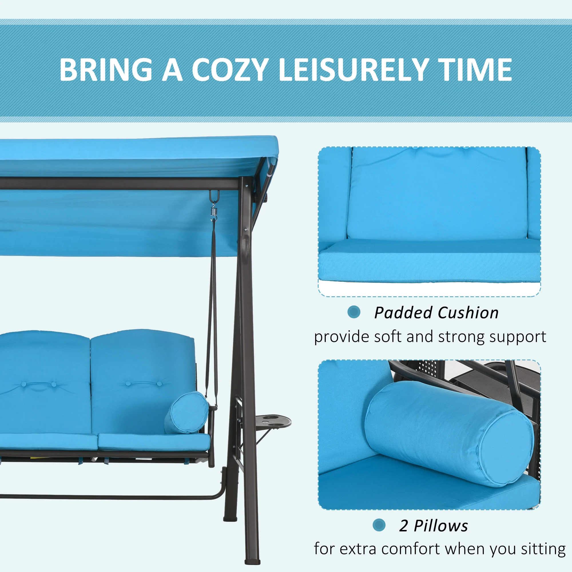 3-Seat Outdoor Porch Swing Chair with Adjustable Canopy, Cushion & Pillows, Blue - Image 8