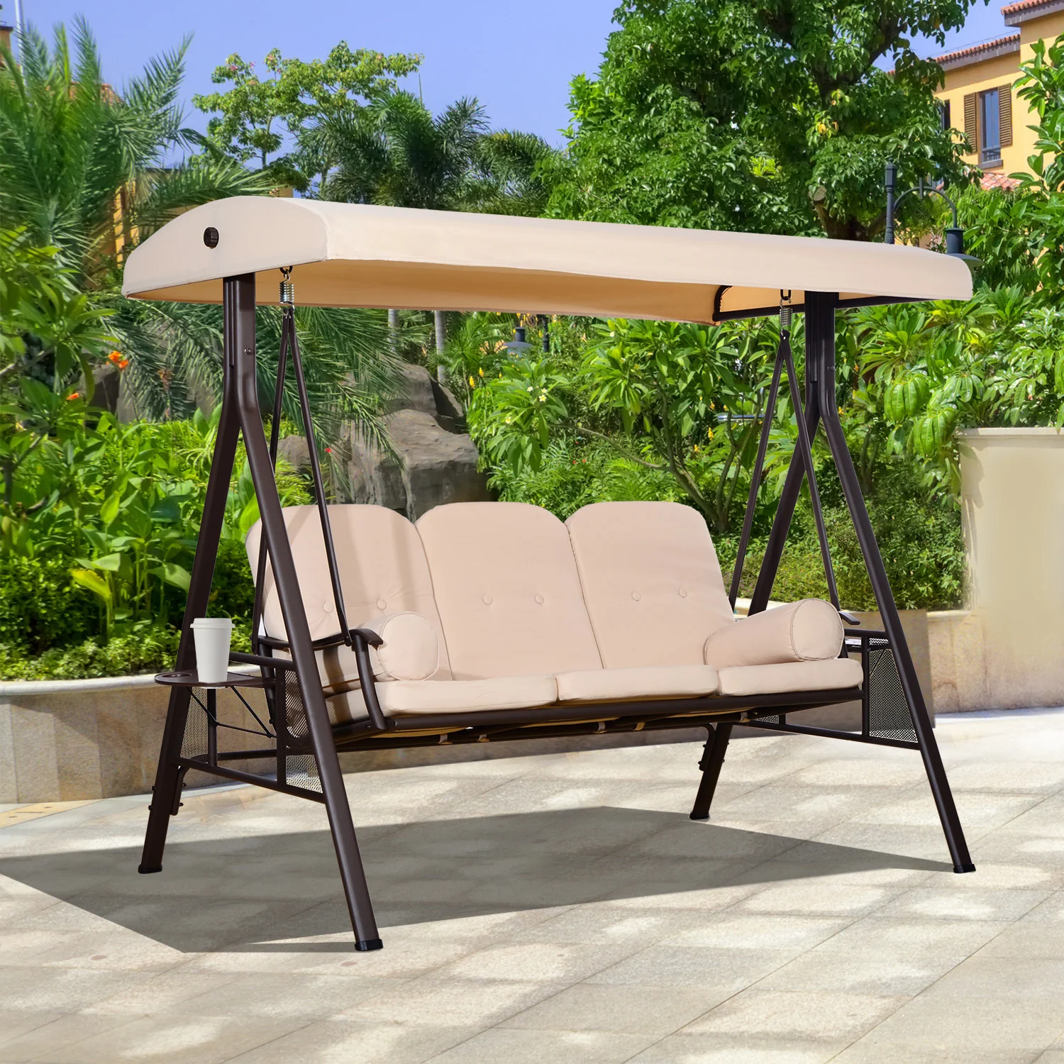 3-Seat Patio Swing Chair with Adjustable Canopy, Removable Cushion & Pillows, Beige - Image 4