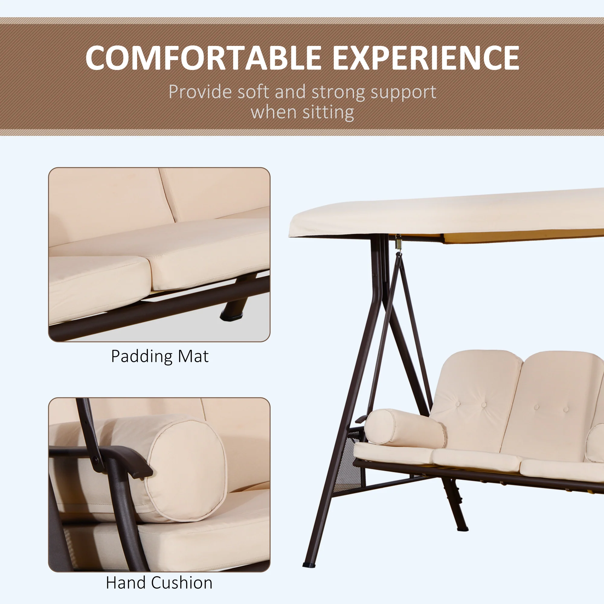 3-Seat Patio Swing Chair with Adjustable Canopy, Removable Cushion & Pillows, Beige - Image 8