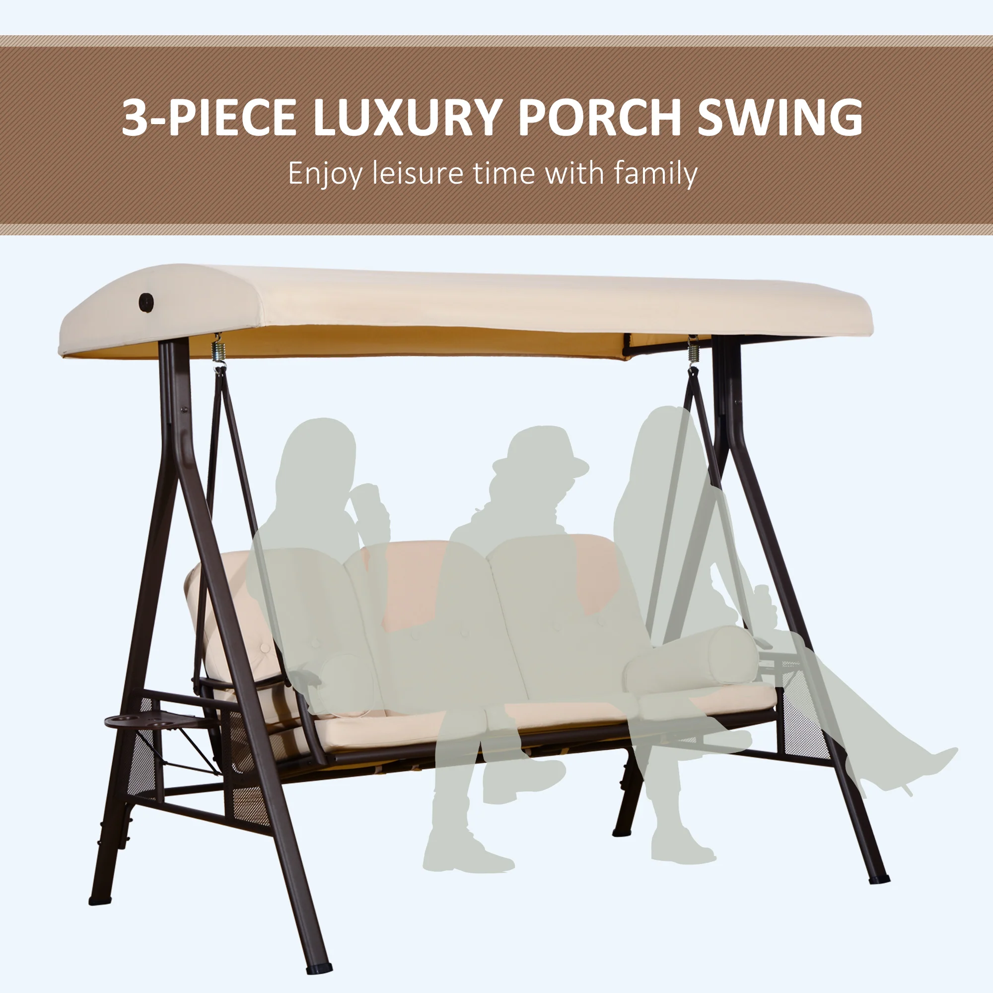 3-Seat Patio Swing Chair with Adjustable Canopy, Removable Cushion & Pillows, Beige - Image 9