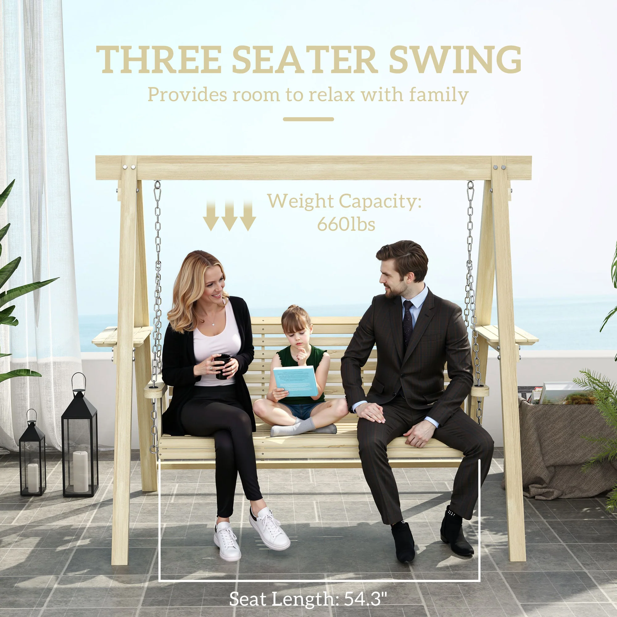 3-Seat Wooden Porch Swing with Stand and Side Tables, Natural Wood - Image 6
