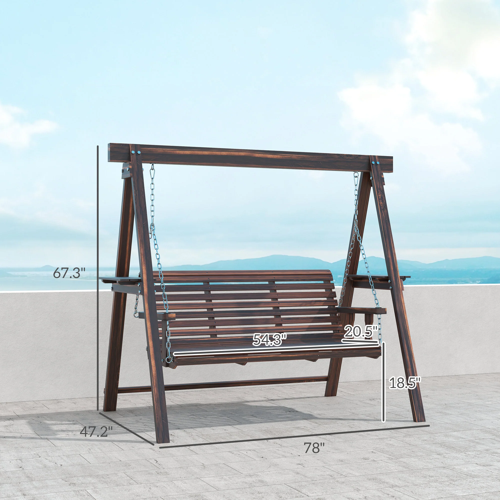 3-Seat Wooden Porch Swing with Stand & Side Tables, Carbonized Brown - Image 5