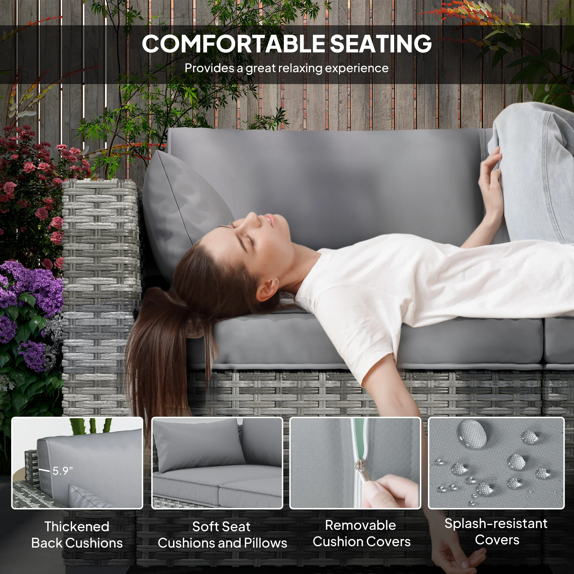 3 Seater Wicker Outdoor Sofa with Side Tray Tables, Thick Cushions, 2 Pillows, Mixed Gray - Image 8