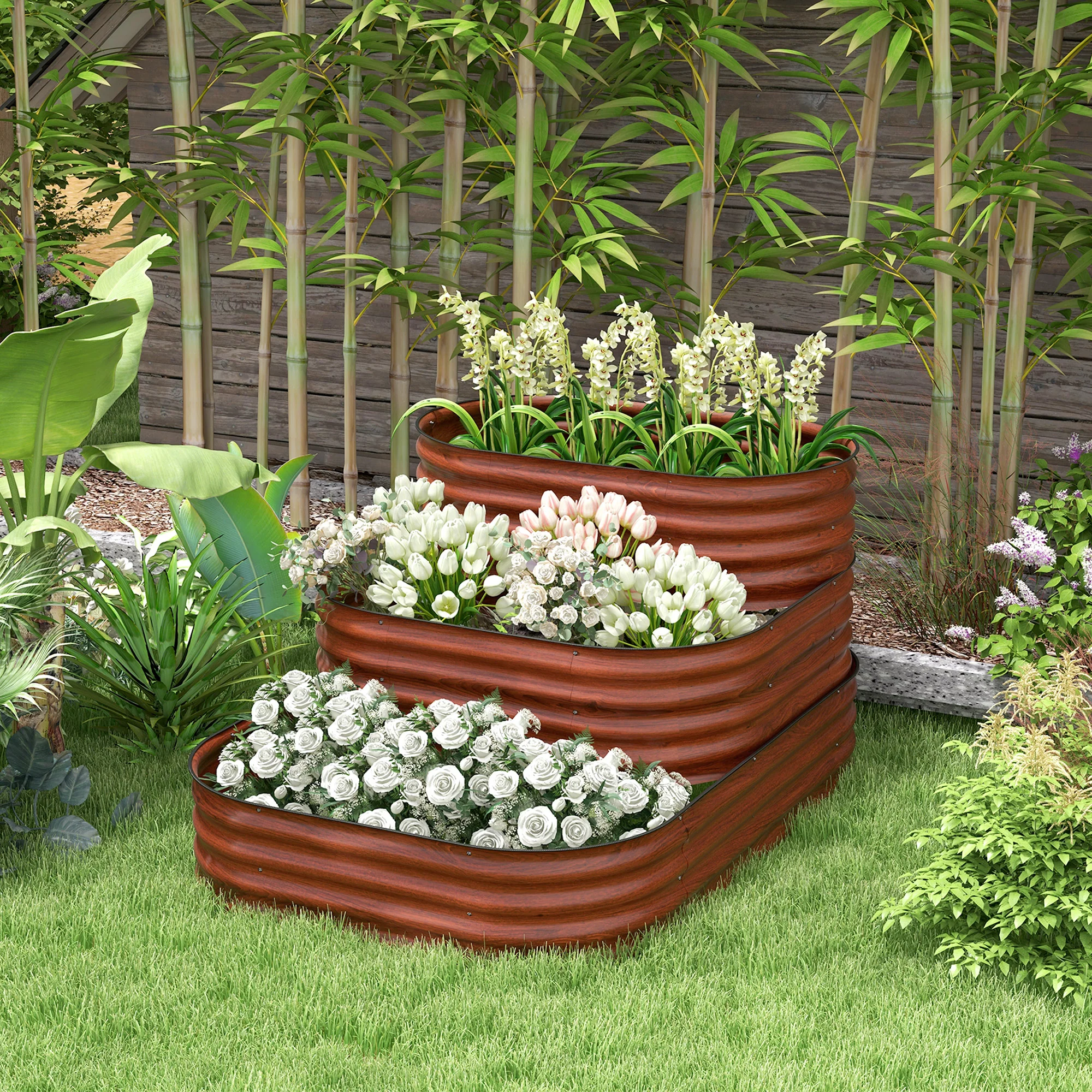3-Tier Galvanized Steel Raised Garden Bed Kit for Backyard, Garden, Patio, 62.25" x 43" x 32.25", Brown - Image 3