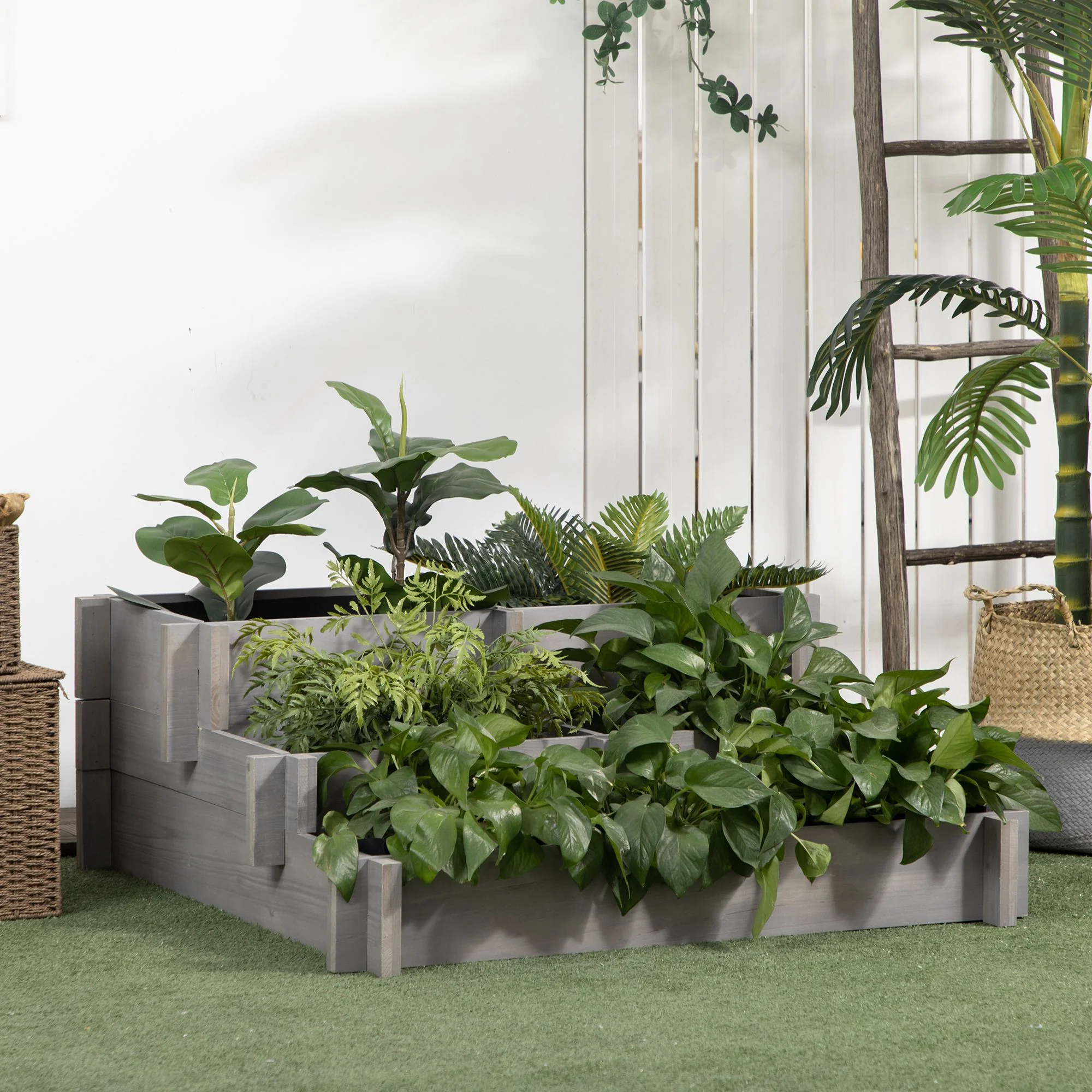 3-Tier Raised Garden Bed with 5 Compartments and Bed Liner, Fir Wood Elevated Planter Box, for Vegetables, Herbs, Outdoor Plants, 37 x 37 x 14in, Gray - Image 3