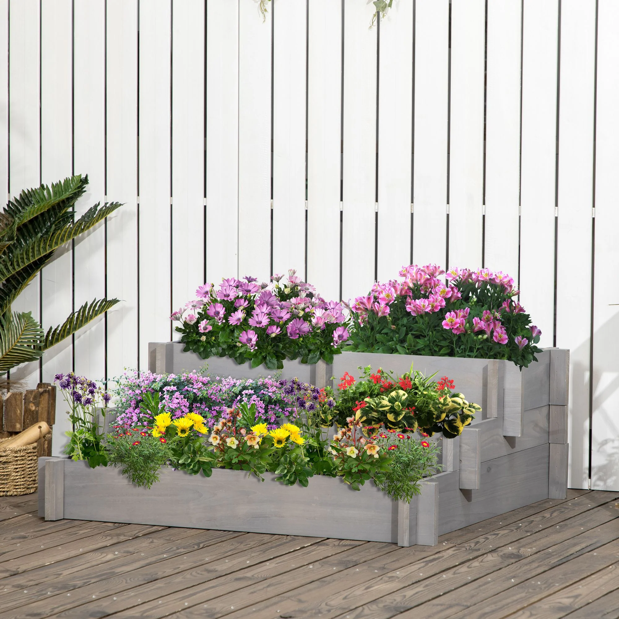3-Tier Raised Garden Bed with 5 Compartments and Bed Liner, Fir Wood Elevated Planter Box, for Vegetables, Herbs, Outdoor Plants, 37 x 37 x 14in, Gray - Image 4