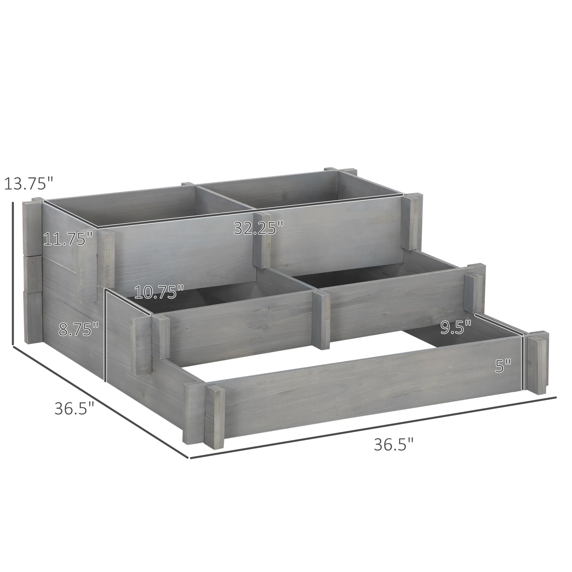 3-Tier Raised Garden Bed with 5 Compartments and Bed Liner, Fir Wood Elevated Planter Box, for Vegetables, Herbs, Outdoor Plants, 37 x 37 x 14in, Gray - Image 5