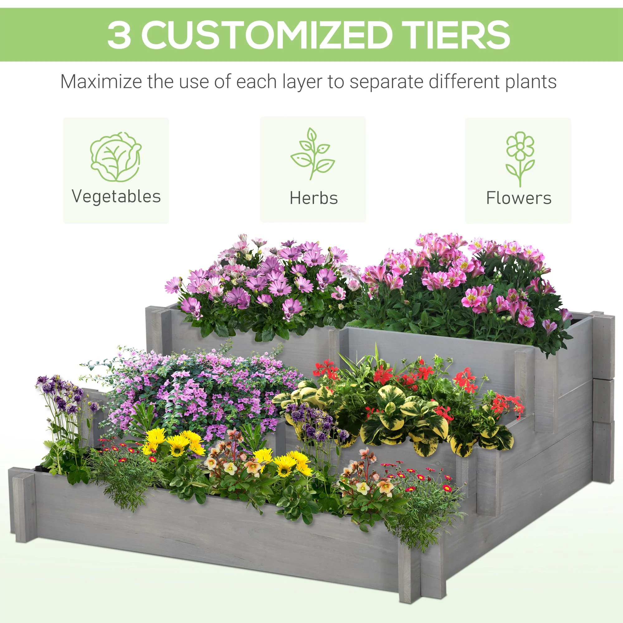 3-Tier Raised Garden Bed with 5 Compartments and Bed Liner, Fir Wood Elevated Planter Box, for Vegetables, Herbs, Outdoor Plants, 37 x 37 x 14in, Gray - Image 6