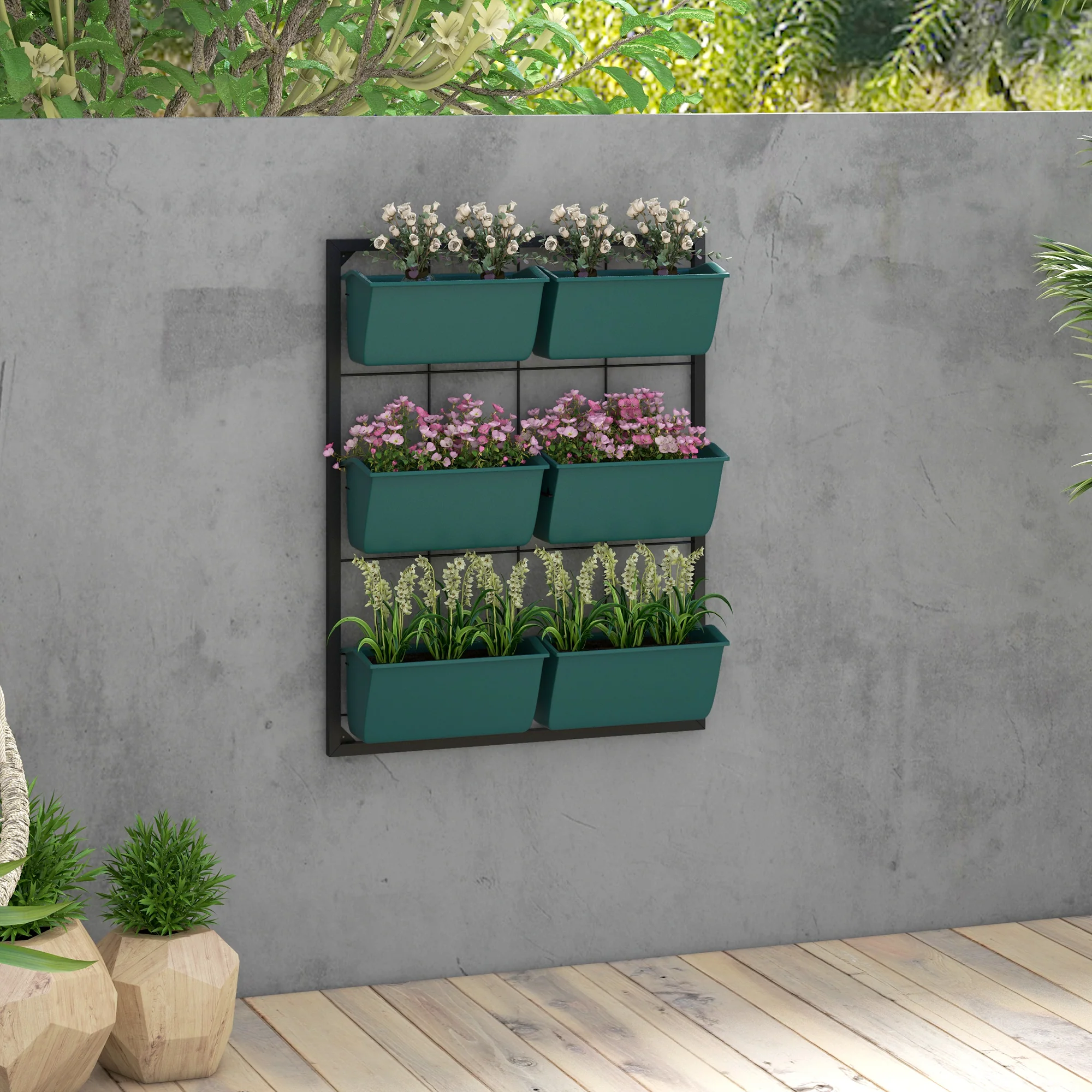 3-Tier Wall Planter with 6 Pots for Indoor and Outdoor Use, Green - Image 3
