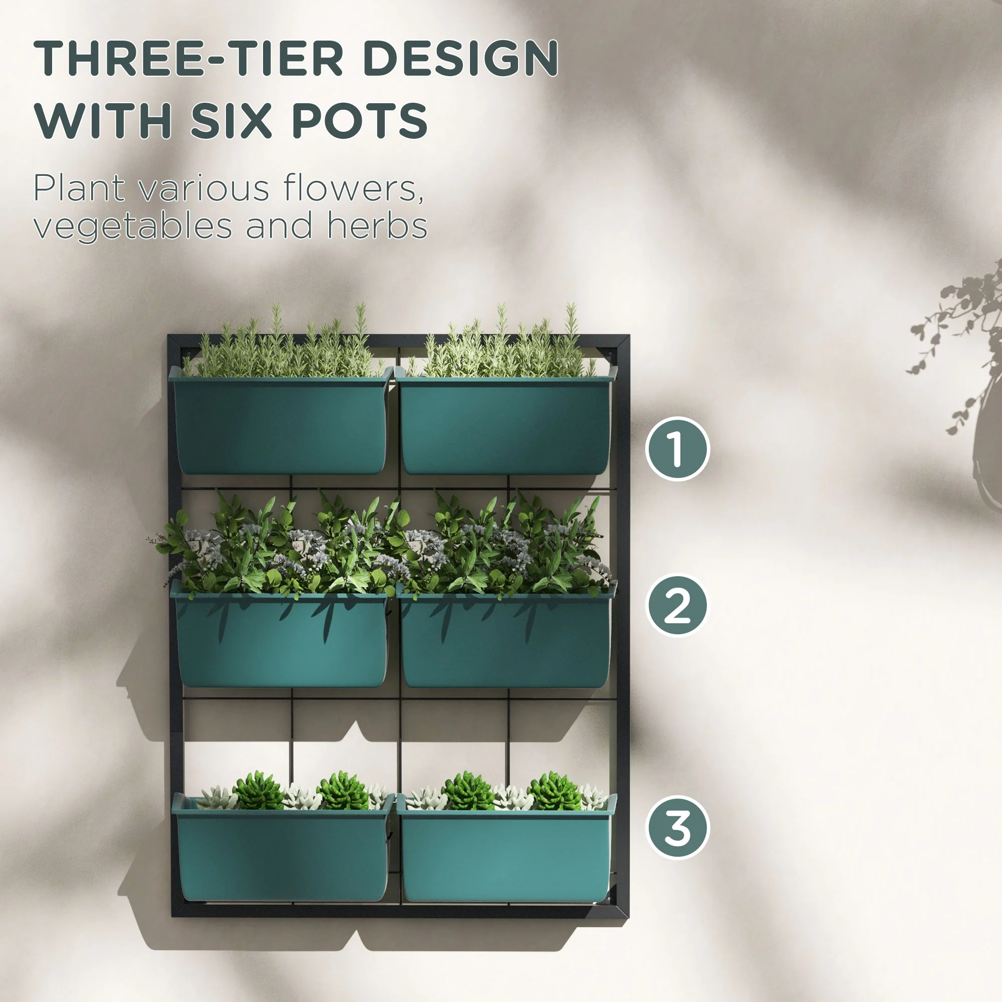 3-Tier Wall Planter with 6 Pots for Indoor and Outdoor Use, Green - Image 7