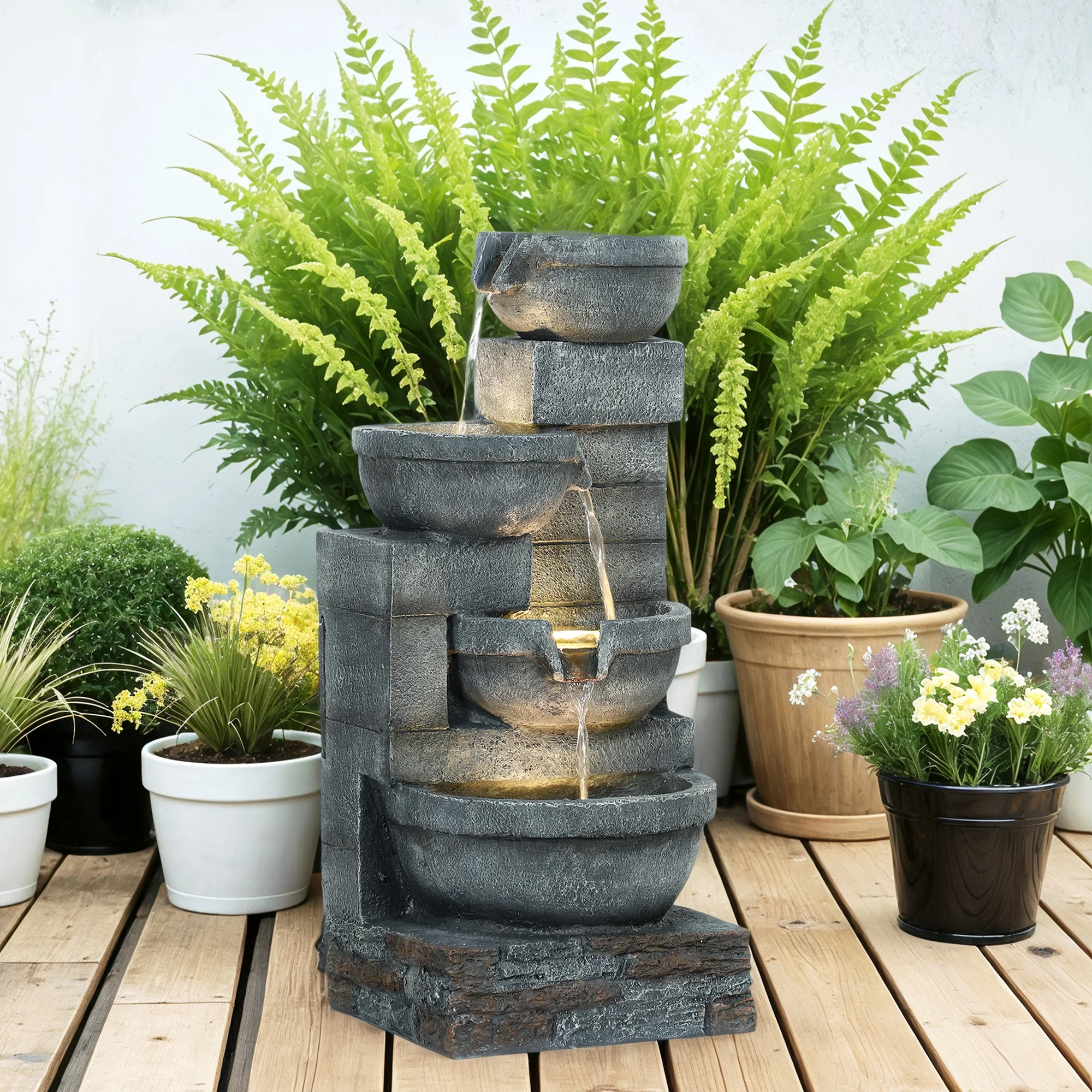30" Tall Outdoor Water Fountain with LED Lights, 4-Tier Resin Cascading Bowls & Pump, Gray - Image 10